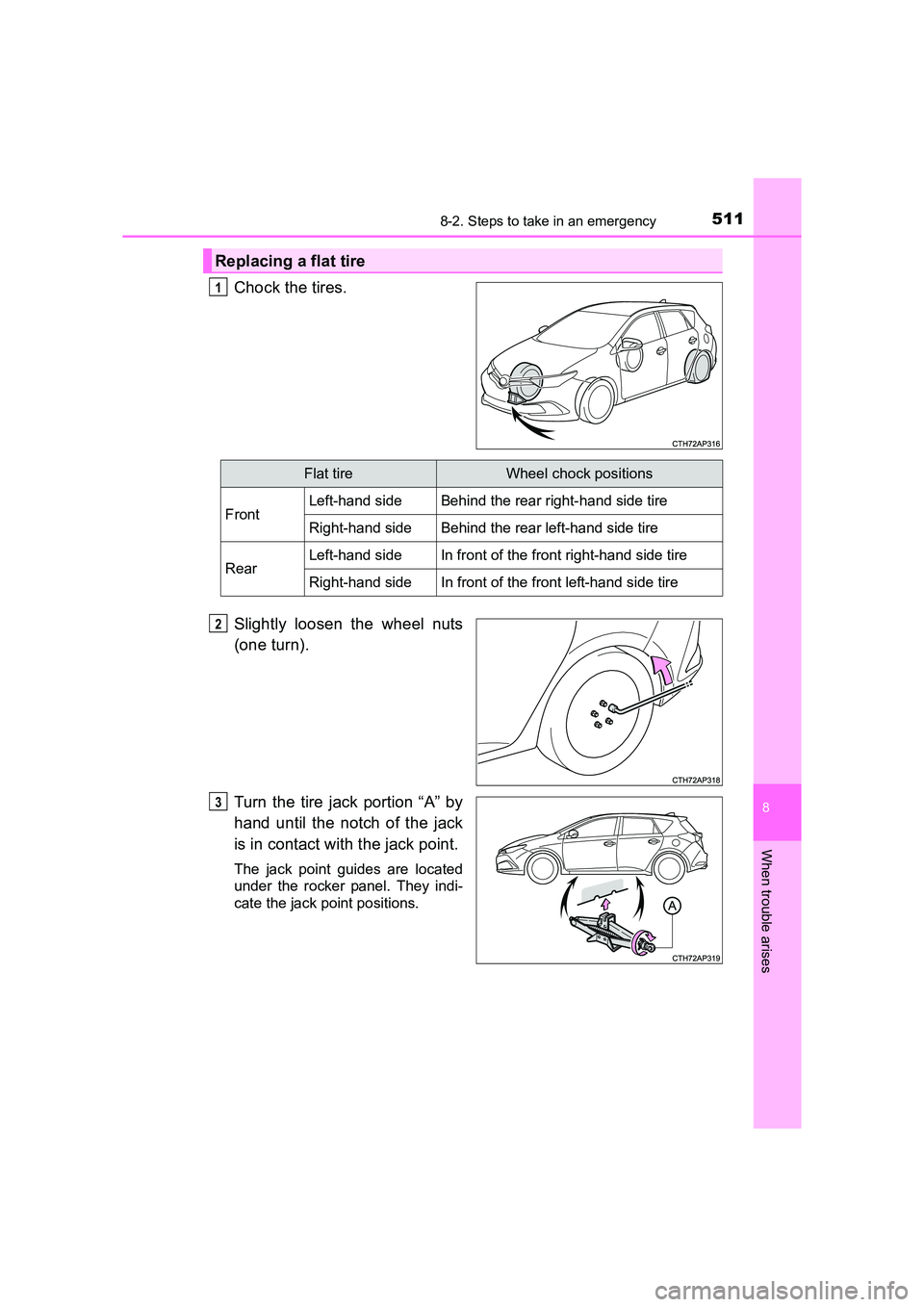 TOYOTA AURIS HYBRID 2016 Owners Manual 5118-2. Steps to take in an emergency
UK AURIS_HV_HB_EE (OM12K47E)
8
When trouble arises
Chock the tires.
Slightly loosen the wheel nuts
(one turn).
Turn the tire jack portion “A” by
hand until th TOYOTA AURIS HYBRID 2016 Owners Manual 5118-2. Steps to take in an emergency
UK AURIS_HV_HB_EE (OM12K47E)
8
When trouble arises
Chock the tires.
Slightly loosen the wheel nuts
(one turn).
Turn the tire jack portion “A” by
hand until th