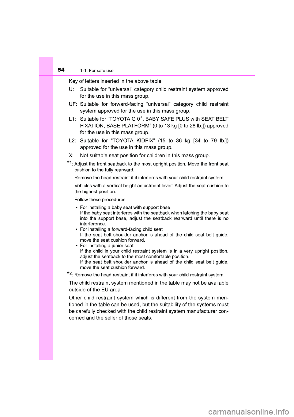 TOYOTA AURIS HYBRID 2016 Workshop Manual 541-1. For safe use
UK AURIS_HV_HB_EE (OM12K47E)
Key of letters inserted in the above table:
U: Suitable for “universal” category child restraint system approvedfor the use in this mass group.
UF: TOYOTA AURIS HYBRID 2016 Workshop Manual 541-1. For safe use
UK AURIS_HV_HB_EE (OM12K47E)
Key of letters inserted in the above table:
U: Suitable for “universal” category child restraint system approvedfor the use in this mass group.
UF:
