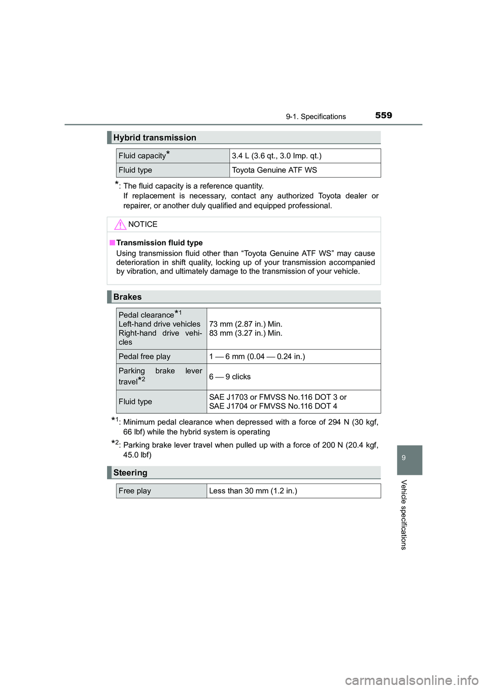 TOYOTA AURIS HYBRID 2016 Owners Manual 5599-1. Specifications
UK AURIS_HV_HB_EE (OM12K47E)
9
Vehicle specifications
*: The fluid capacity is a reference quantity.If replacement is necessary, contact any authorized Toyota dealer or
repairer TOYOTA AURIS HYBRID 2016 Owners Manual 5599-1. Specifications
UK AURIS_HV_HB_EE (OM12K47E)
9
Vehicle specifications
*: The fluid capacity is a reference quantity.If replacement is necessary, contact any authorized Toyota dealer or
repairer
