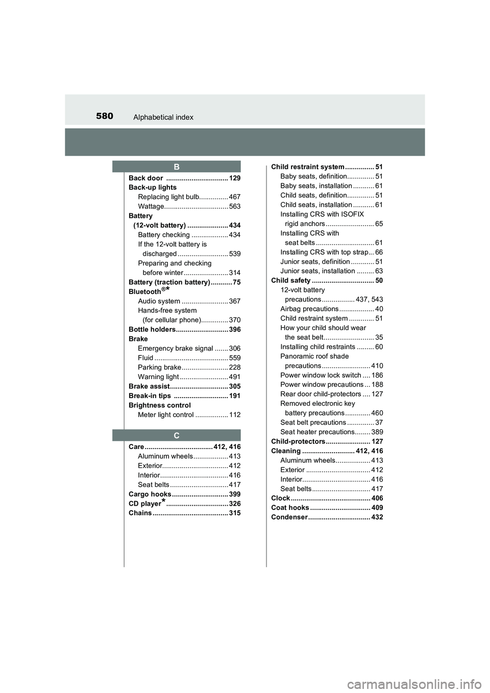 TOYOTA AURIS HYBRID 2016 Owners Manual 580Alphabetical index
UK AURIS_HV_HB_EE (OM12K47E)
Back door ................................ 129
Back-up lightsReplacing light bulb............... 467
Wattage................................. 563
Ba TOYOTA AURIS HYBRID 2016 Owners Manual 580Alphabetical index
UK AURIS_HV_HB_EE (OM12K47E)
Back door ................................ 129
Back-up lightsReplacing light bulb............... 467
Wattage................................. 563
Ba