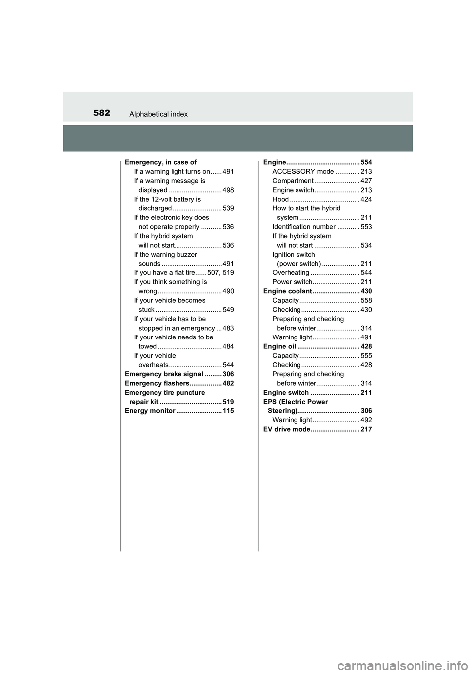 TOYOTA AURIS HYBRID 2016 Owners Manual 582Alphabetical index
UK AURIS_HV_HB_EE (OM12K47E)
Emergency, in case ofIf a warning light turns on ...... 491
If a warning message is displayed ............................ 498
If the 12-volt battery TOYOTA AURIS HYBRID 2016 Owners Manual 582Alphabetical index
UK AURIS_HV_HB_EE (OM12K47E)
Emergency, in case ofIf a warning light turns on ...... 491
If a warning message is displayed ............................ 498
If the 12-volt battery