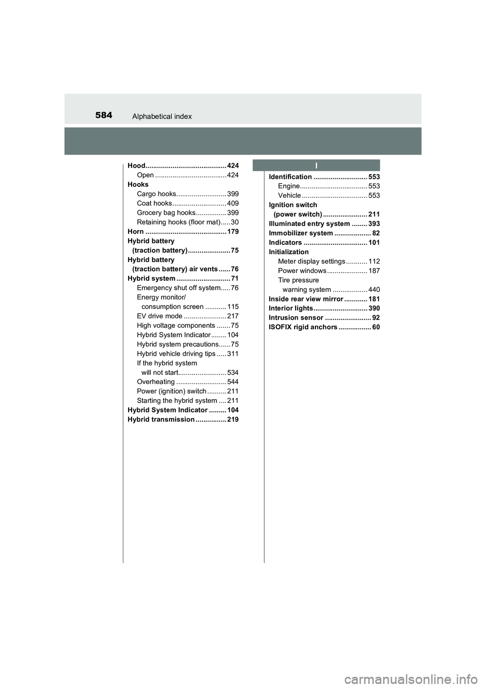 TOYOTA AURIS HYBRID 2016 Repair Manual 584Alphabetical index
UK AURIS_HV_HB_EE (OM12K47E)
Hood.......................................... 424Open ..................................... 424
Hooks Cargo hooks.......................... 399
Coat
