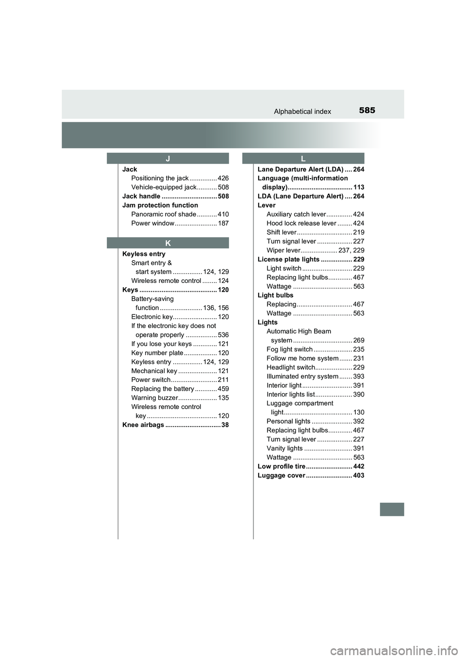 TOYOTA AURIS HYBRID 2016 Owners Manual 585Alphabetical index
UK AURIS_HV_HB_EE (OM12K47E)
JackPositioning the jack ............... 426
Vehicle-equipped jack........... 508
Jack handle .............................. 508
Jam protection funct TOYOTA AURIS HYBRID 2016 Owners Manual 585Alphabetical index
UK AURIS_HV_HB_EE (OM12K47E)
JackPositioning the jack ............... 426
Vehicle-equipped jack........... 508
Jack handle .............................. 508
Jam protection funct
