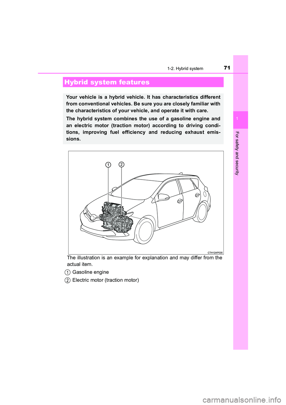 TOYOTA AURIS HYBRID 2016 Manual PDF 71
1
For safety and security
UK AURIS_HV_HB_EE (OM12K47E)
1-2. Hybrid system
The illustration is an example for explanation and may differ from the
actual item.Gasoline engine
Electric motor (traction TOYOTA AURIS HYBRID 2016 Manual PDF 71
1
For safety and security
UK AURIS_HV_HB_EE (OM12K47E)
1-2. Hybrid system
The illustration is an example for explanation and may differ from the
actual item.Gasoline engine
Electric motor (traction