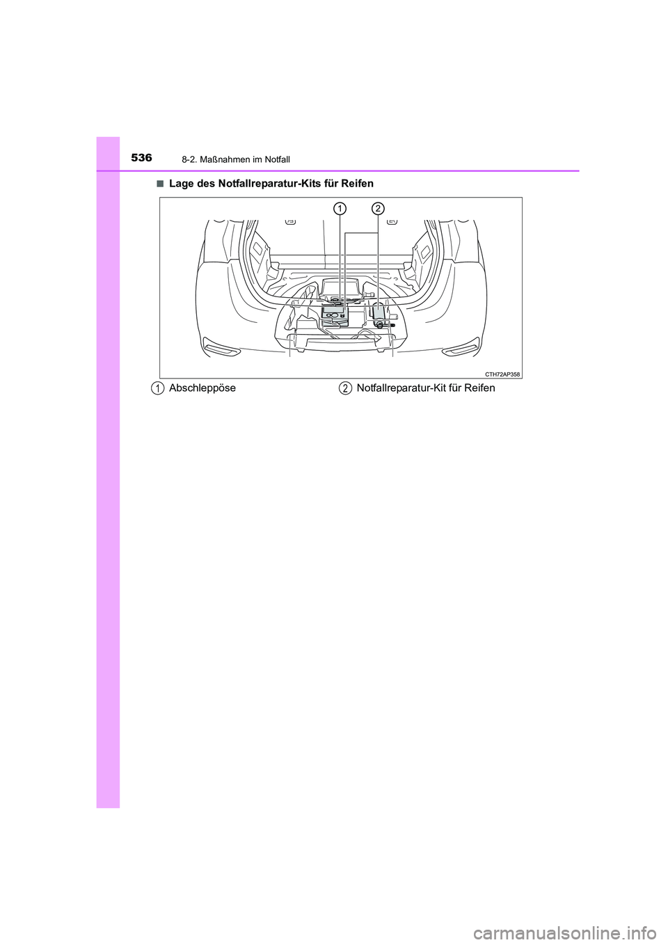TOYOTA AURIS HYBRID 2016 Betriebsanleitungen (in German) 5368-2. Maßnahmen im Notfall
UK_AURIS_HV_HB_EM (OM12K49M)■
Lage des Notfallreparatur-Kits für Reifen
Abschleppöse Notfallreparatur-Kit für Reifen12
UK AURIS_HV_HB_OM_German_OM12K49M.book 536 TOYOTA AURIS HYBRID 2016 Betriebsanleitungen (in German) 5368-2. Maßnahmen im Notfall
UK_AURIS_HV_HB_EM (OM12K49M)■
Lage des Notfallreparatur-Kits für Reifen
Abschleppöse Notfallreparatur-Kit für Reifen12
UK AURIS_HV_HB_OM_German_OM12K49M.book 536