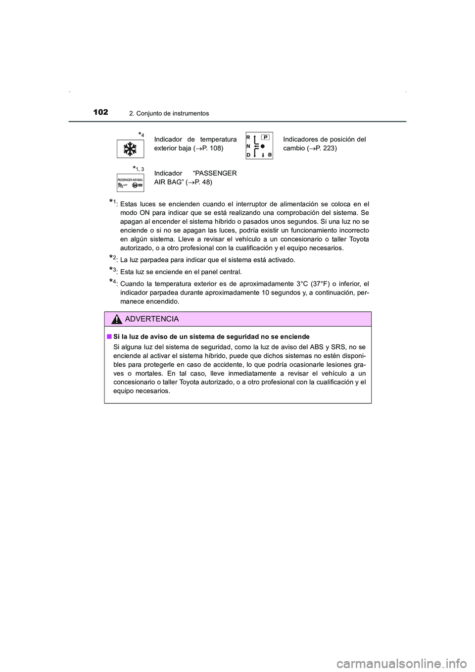 TOYOTA AURIS HYBRID 2016 Manual del propietario (in Spanish) 1022. Conjunto de instrumentos
UK_AURIS_HV_HB_ES (OM12K50S)
*1: Estas luces se encienden cuando el interruptor de alimentación se coloca en el
modo ON para indicar que se está realizando una comprob TOYOTA AURIS HYBRID 2016 Manual del propietario (in Spanish) 1022. Conjunto de instrumentos
UK_AURIS_HV_HB_ES (OM12K50S)
*1: Estas luces se encienden cuando el interruptor de alimentación se coloca en el
modo ON para indicar que se está realizando una comprob