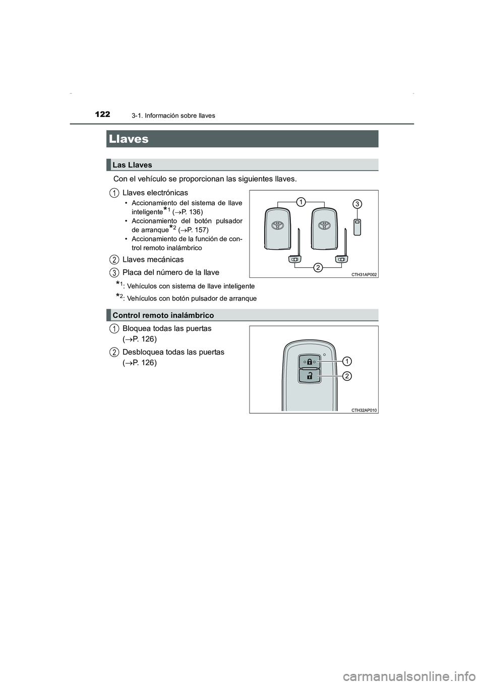 TOYOTA AURIS HYBRID 2016 Manual del propietario (in Spanish) 122
UK_AURIS_HV_HB_ES (OM12K50S)
3-1. Información sobre llaves
Con el vehículo se proporcionan las siguientes llaves.
Llaves electrónicas
• Accionamiento del sistema de llave
inteligente
*1 (→P TOYOTA AURIS HYBRID 2016 Manual del propietario (in Spanish) 122
UK_AURIS_HV_HB_ES (OM12K50S)
3-1. Información sobre llaves
Con el vehículo se proporcionan las siguientes llaves.
Llaves electrónicas
• Accionamiento del sistema de llave
inteligente
*1 (→P