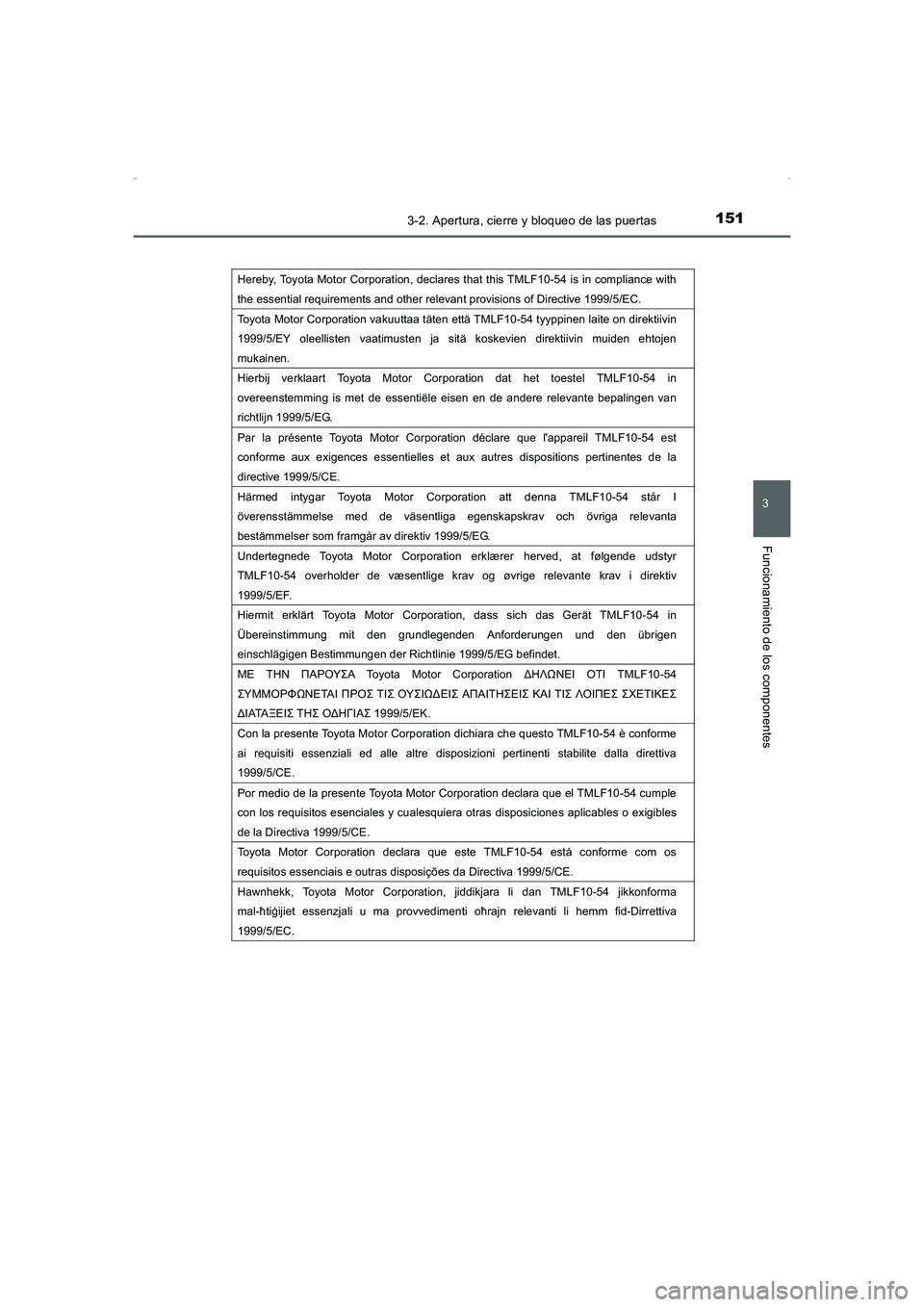 TOYOTA AURIS HYBRID 2016 Manual del propietario (in Spanish) 1513-2. Apertura, cierre y bloqueo de las puertas
3
Funcionamiento de los componentes
UK_AURIS_HV_HB_ES (OM12K50S)
Hereby, Toyota Motor Corporation, declares that this TMLF10-54 is in compliance with TOYOTA AURIS HYBRID 2016 Manual del propietario (in Spanish) 1513-2. Apertura, cierre y bloqueo de las puertas
3
Funcionamiento de los componentes
UK_AURIS_HV_HB_ES (OM12K50S)
Hereby, Toyota Motor Corporation, declares that this TMLF10-54 is in compliance with