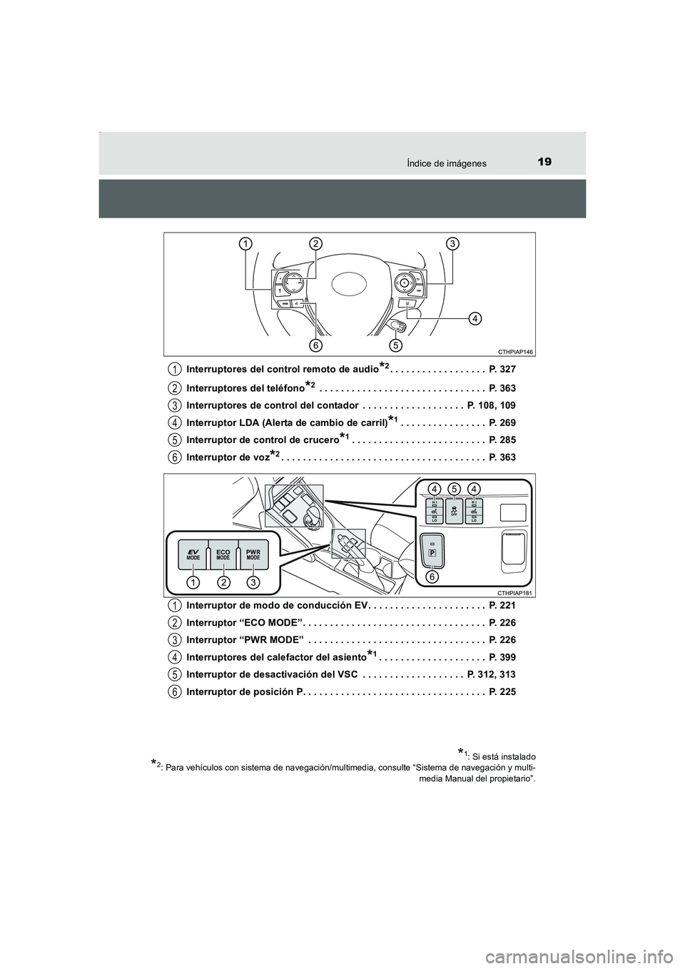 TOYOTA AURIS HYBRID 2016 Manual del propietario (in Spanish) 19Índice de imágenes
UK_AURIS_HV_HB_ES (OM12K50S)Interruptores del control remoto de audio
*2. . . . . . . . . . . . . . . . . . P. 327
Interruptores del teléfono
*2 . . . . . . . . . . . . . . . TOYOTA AURIS HYBRID 2016 Manual del propietario (in Spanish) 19Índice de imágenes
UK_AURIS_HV_HB_ES (OM12K50S)Interruptores del control remoto de audio
*2. . . . . . . . . . . . . . . . . . P. 327
Interruptores del teléfono
*2 . . . . . . . . . . . . . . .