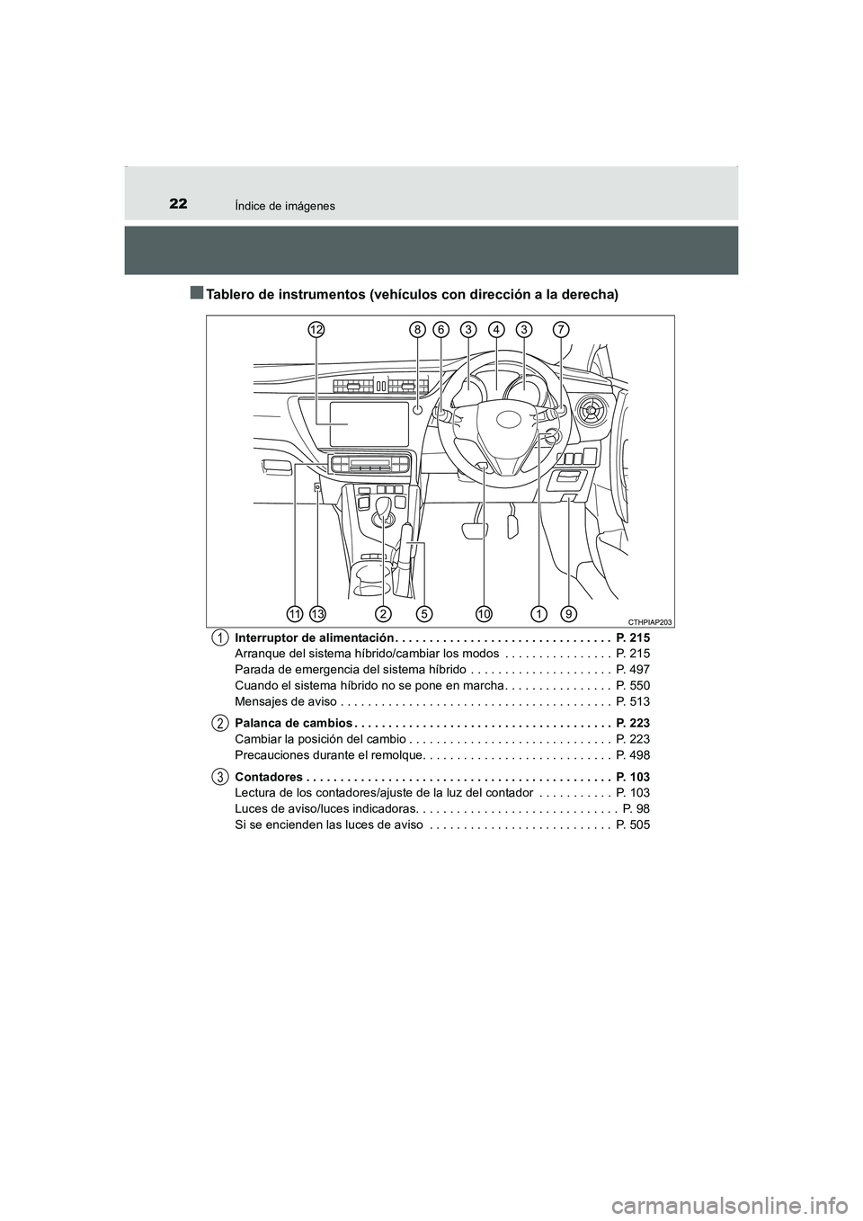 TOYOTA AURIS HYBRID 2016 Manual del propietario (in Spanish) 22Índice de imágenes
UK_AURIS_HV_HB_ES (OM12K50S)
■Tablero de instrumentos (vehículos con dirección a la derecha)
Interruptor de alimentación . . . . . . . . . . . . . . . . . . . . . . . . . . TOYOTA AURIS HYBRID 2016 Manual del propietario (in Spanish) 22Índice de imágenes
UK_AURIS_HV_HB_ES (OM12K50S)
■Tablero de instrumentos (vehículos con dirección a la derecha)
Interruptor de alimentación . . . . . . . . . . . . . . . . . . . . . . . . . .