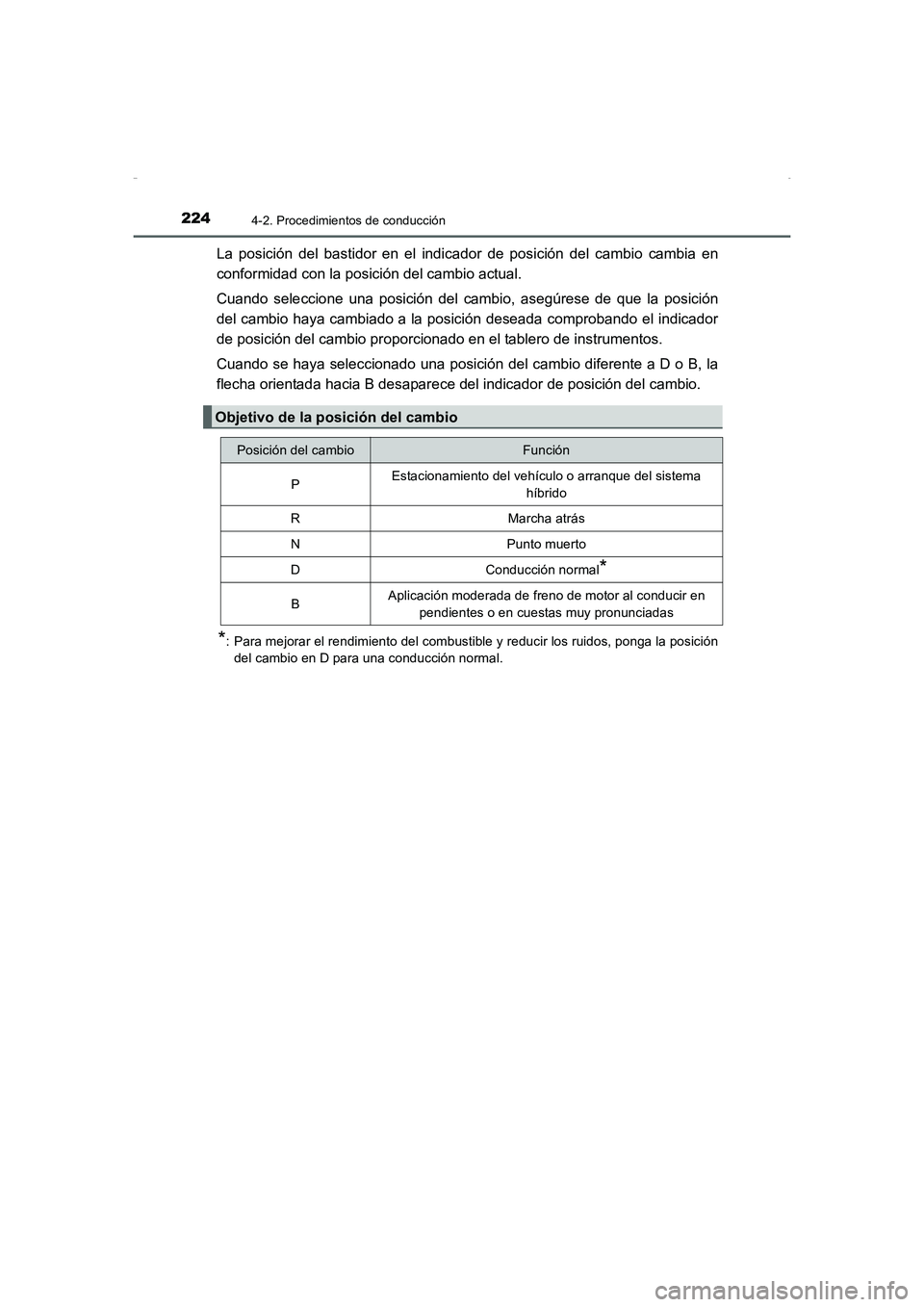 TOYOTA AURIS HYBRID 2016 Manual del propietario (in Spanish) 2244-2. Procedimientos de conducción
UK_AURIS_HV_HB_ES (OM12K50S)
La posición del bastidor en el indicador de posición del cambio cambia en
conformidad con la posición del cambio actual.
Cuando se TOYOTA AURIS HYBRID 2016 Manual del propietario (in Spanish) 2244-2. Procedimientos de conducción
UK_AURIS_HV_HB_ES (OM12K50S)
La posición del bastidor en el indicador de posición del cambio cambia en
conformidad con la posición del cambio actual.
Cuando se