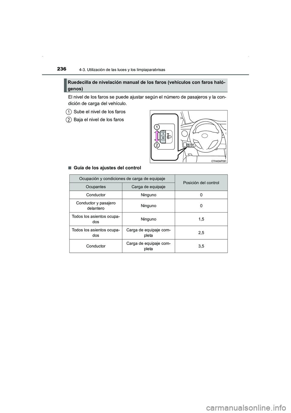 TOYOTA AURIS HYBRID 2016  Manual del propietario (in Spanish) 2364-3. Utilización de las luces y los limpiaparabrisas
UK_AURIS_HV_HB_ES (OM12K50S)
El nivel de los faros se puede ajustar según el número de pasajeros y la con-
dición de carga del vehículo.
Su