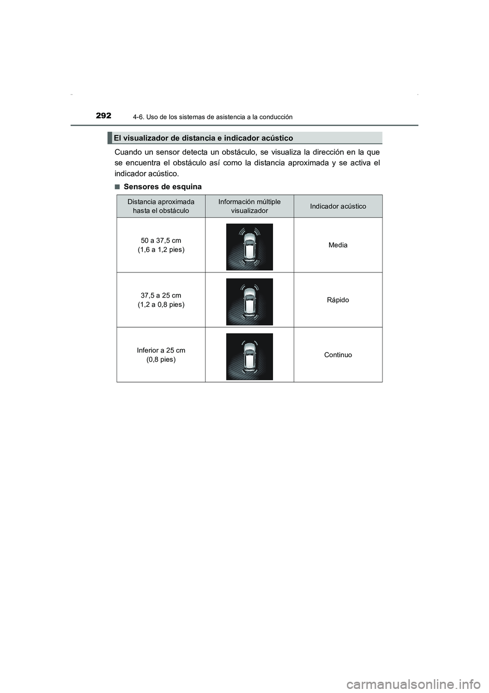 TOYOTA AURIS HYBRID 2016  Manual del propietario (in Spanish) 2924-6. Uso de los sistemas de asistencia a la conducción
UK_AURIS_HV_HB_ES (OM12K50S)
Cuando un sensor detecta un obstáculo, se visualiza la dirección en la que
se encuentra el obstáculo así com