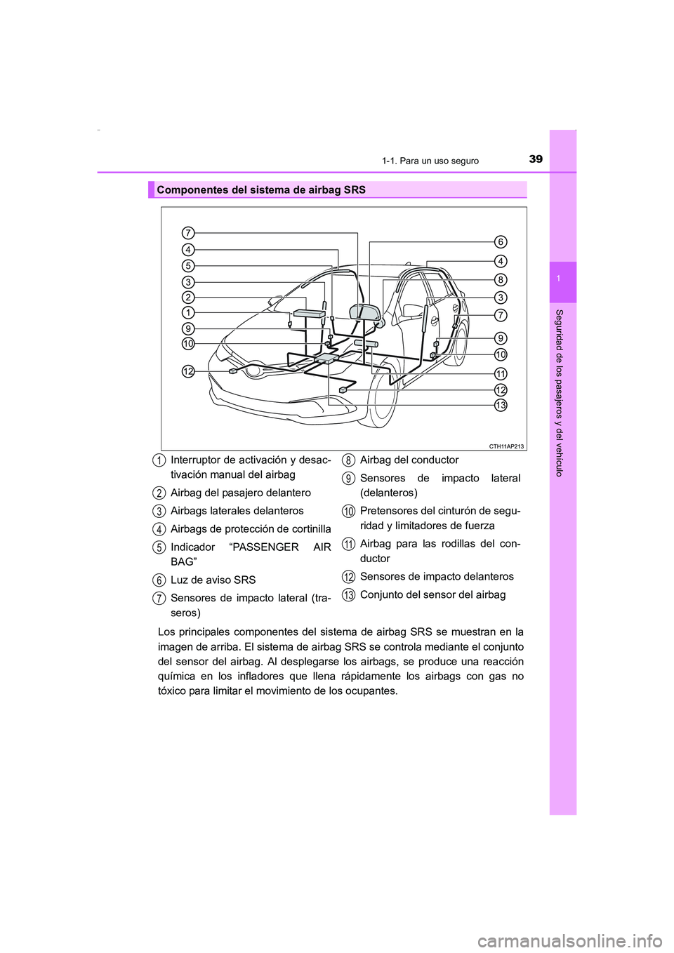 TOYOTA AURIS HYBRID 2016  Manual del propietario (in Spanish) 391-1. Para un uso seguro
1
Seguridad de los pasajeros y del vehículo
UK_AURIS_HV_HB_ES (OM12K50S)
Los principales componentes del sistema de airbag SRS se muestran en la
imagen de arriba. El sistema