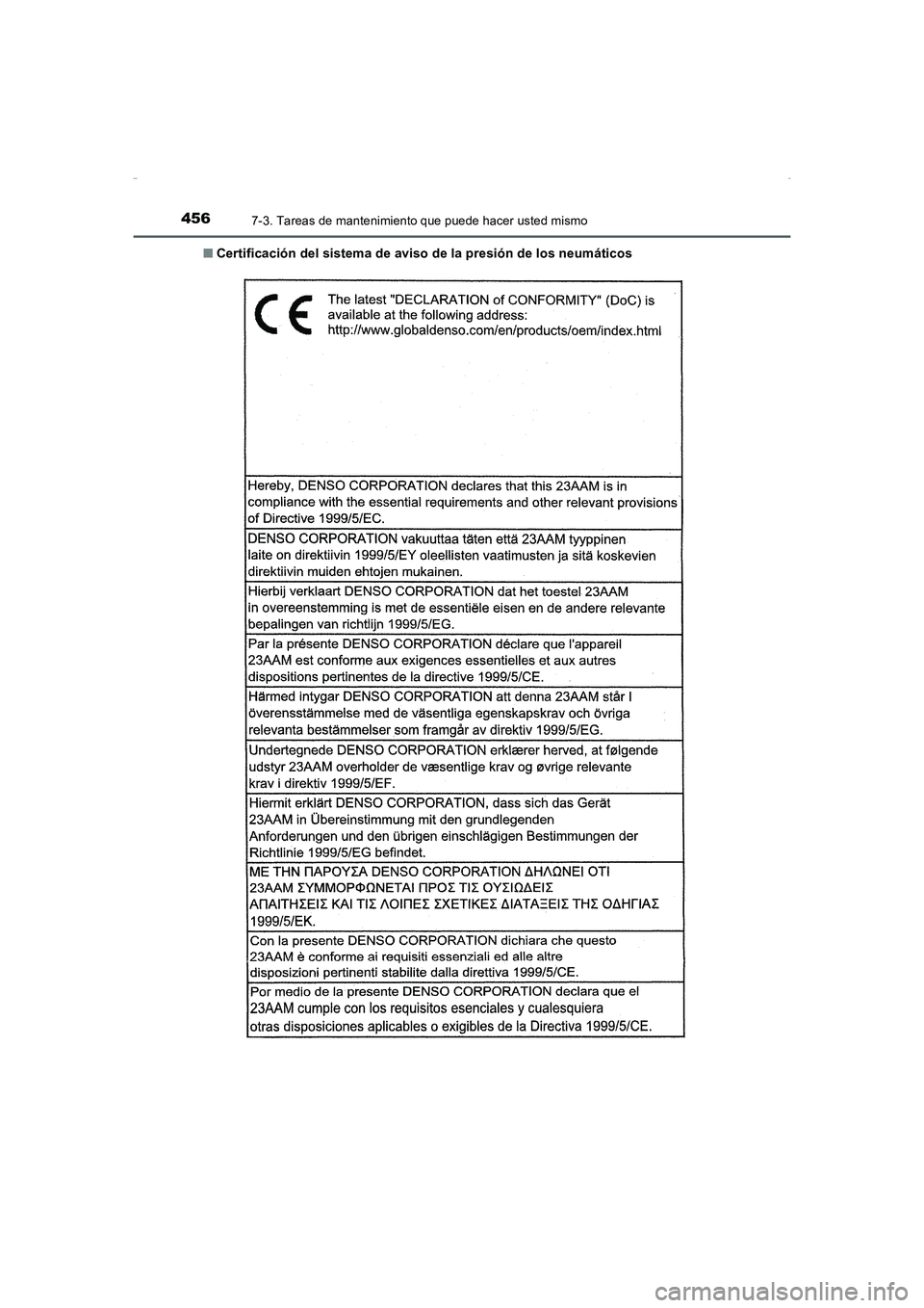 TOYOTA AURIS HYBRID 2016 Manual del propietario (in Spanish) 4567-3. Tareas de mantenimiento que puede hacer usted mismo
UK_AURIS_HV_HB_ES (OM12K50S)■Certificación del sistema de aviso de la presión de los neumáticos
UK AURIS_HV_HB_OM_Spanish_OM12K50S.book TOYOTA AURIS HYBRID 2016 Manual del propietario (in Spanish) 4567-3. Tareas de mantenimiento que puede hacer usted mismo
UK_AURIS_HV_HB_ES (OM12K50S)■Certificación del sistema de aviso de la presión de los neumáticos
UK AURIS_HV_HB_OM_Spanish_OM12K50S.book