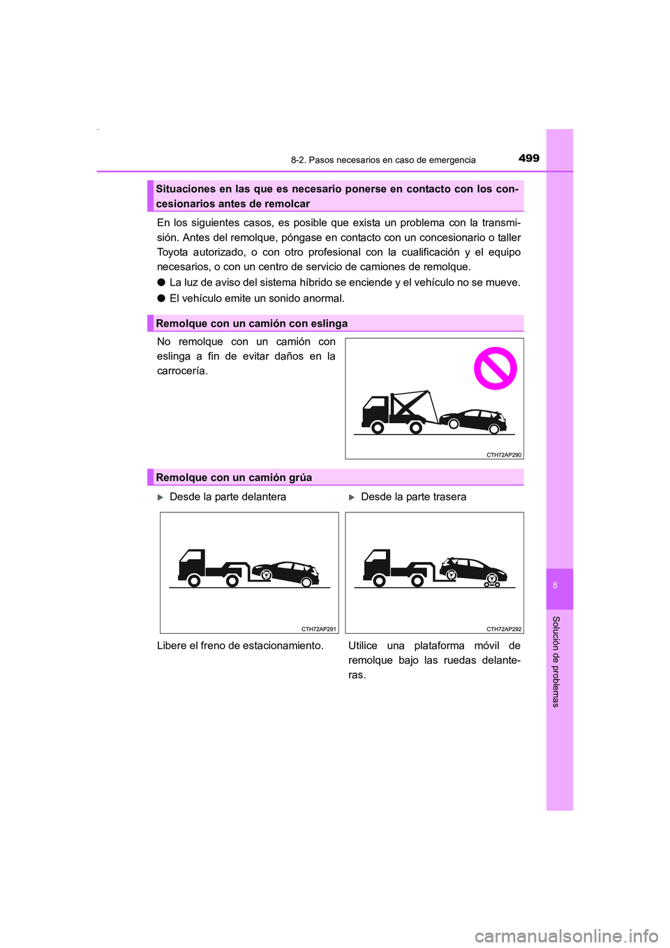 TOYOTA AURIS HYBRID 2016 Manual del propietario (in Spanish) 4998-2. Pasos necesarios en caso de emergencia
8
Solución de problemas
UK_AURIS_HV_HB_ES (OM12K50S)
En los siguientes casos, es posible que exista un problema con la transmi-
sión. Antes del remolqu TOYOTA AURIS HYBRID 2016 Manual del propietario (in Spanish) 4998-2. Pasos necesarios en caso de emergencia
8
Solución de problemas
UK_AURIS_HV_HB_ES (OM12K50S)
En los siguientes casos, es posible que exista un problema con la transmi-
sión. Antes del remolqu