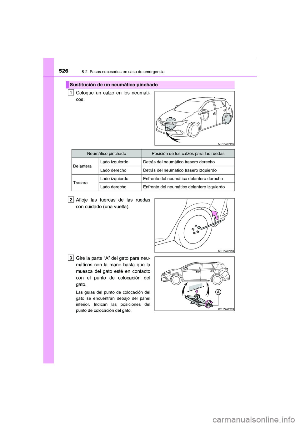 TOYOTA AURIS HYBRID 2016 Manual del propietario (in Spanish) 5268-2. Pasos necesarios en caso de emergencia
UK_AURIS_HV_HB_ES (OM12K50S)
Coloque un calzo en los neumáti-
cos.
Afloje las tuercas de las ruedas
con cuidado (una vuelta).
Gire la parte “A” del TOYOTA AURIS HYBRID 2016 Manual del propietario (in Spanish) 5268-2. Pasos necesarios en caso de emergencia
UK_AURIS_HV_HB_ES (OM12K50S)
Coloque un calzo en los neumáti-
cos.
Afloje las tuercas de las ruedas
con cuidado (una vuelta).
Gire la parte “A” del