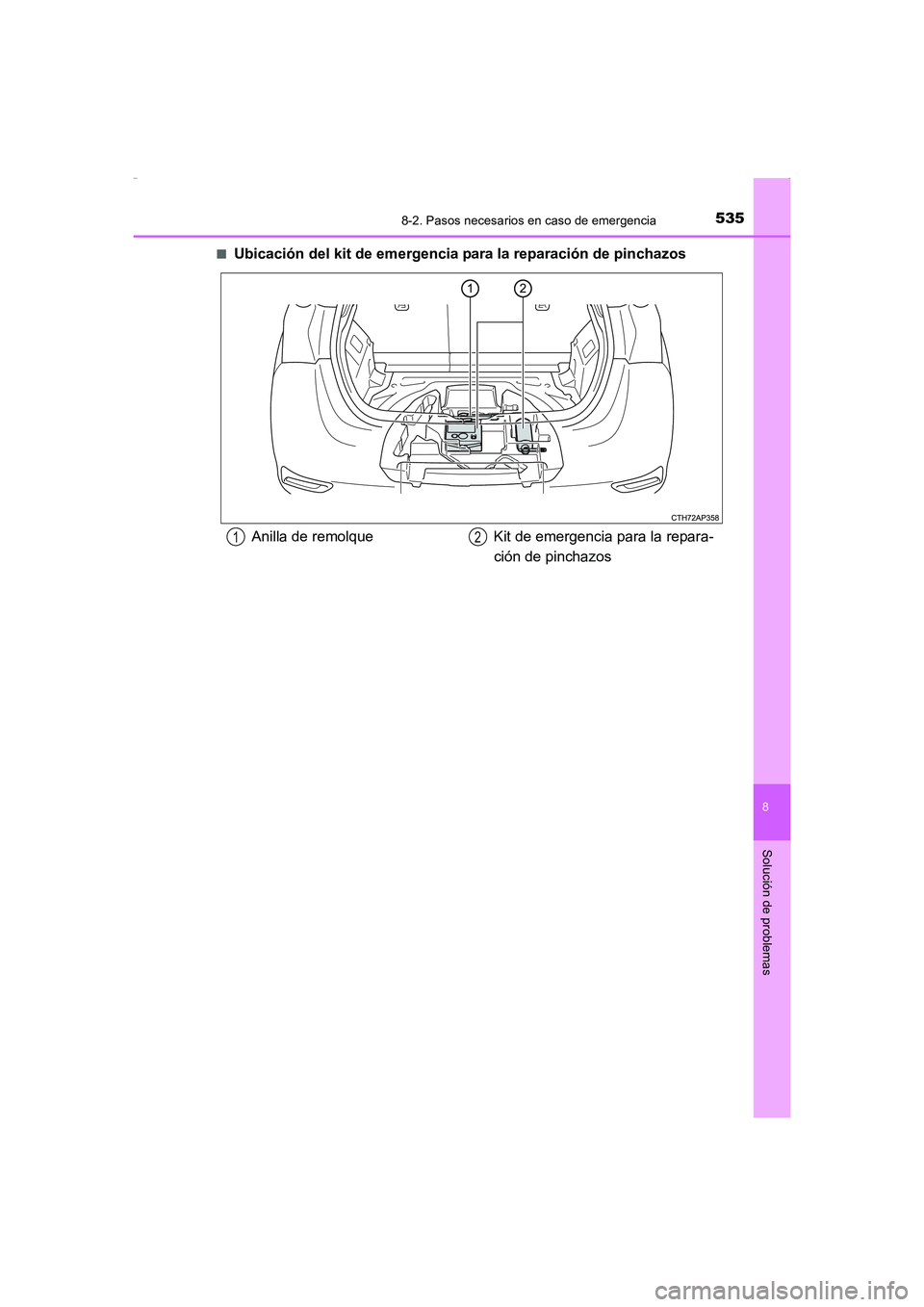 TOYOTA AURIS HYBRID 2016 Manual del propietario (in Spanish) 5358-2. Pasos necesarios en caso de emergencia
8
Solución de problemas
UK_AURIS_HV_HB_ES (OM12K50S)■
Ubicación del kit de emergencia para la reparación de pinchazos
Anilla de remolque Kit de emer TOYOTA AURIS HYBRID 2016 Manual del propietario (in Spanish) 5358-2. Pasos necesarios en caso de emergencia
8
Solución de problemas
UK_AURIS_HV_HB_ES (OM12K50S)■
Ubicación del kit de emergencia para la reparación de pinchazos
Anilla de remolque Kit de emer