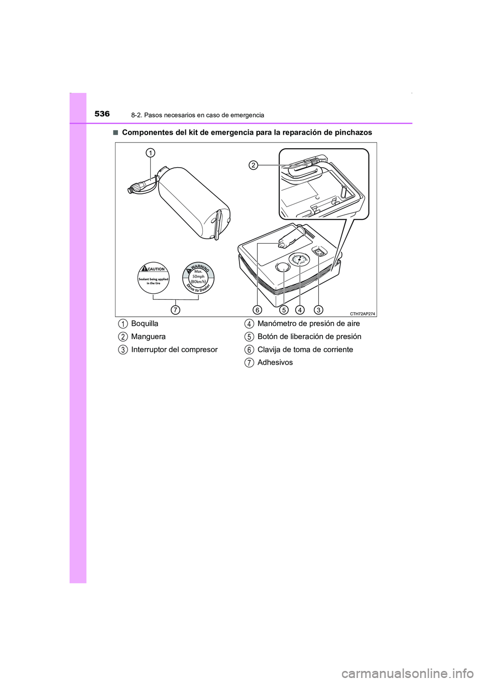 TOYOTA AURIS HYBRID 2016 Manual del propietario (in Spanish) 5368-2. Pasos necesarios en caso de emergencia
UK_AURIS_HV_HB_ES (OM12K50S)■
Componentes del kit de emergencia para la reparación de pinchazos
Boquilla
Manguera
Interruptor del compresorManómetro TOYOTA AURIS HYBRID 2016 Manual del propietario (in Spanish) 5368-2. Pasos necesarios en caso de emergencia
UK_AURIS_HV_HB_ES (OM12K50S)■
Componentes del kit de emergencia para la reparación de pinchazos
Boquilla
Manguera
Interruptor del compresorManómetro
