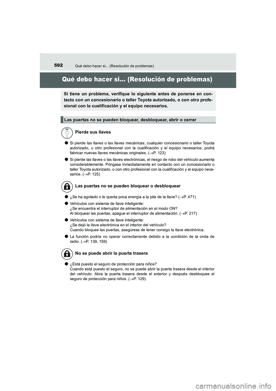 TOYOTA AURIS HYBRID 2016 Manual del propietario (in Spanish) 592
UK_AURIS_HV_HB_ES (OM12K50S)
Qué debo hacer si... (Resolución de problemas)
Qué debo hacer si... (Resolución de problemas)
●Si pierde las llaves o las llaves mecánicas, cualquier concesiona TOYOTA AURIS HYBRID 2016 Manual del propietario (in Spanish) 592
UK_AURIS_HV_HB_ES (OM12K50S)
Qué debo hacer si... (Resolución de problemas)
Qué debo hacer si... (Resolución de problemas)
●Si pierde las llaves o las llaves mecánicas, cualquier concesiona
