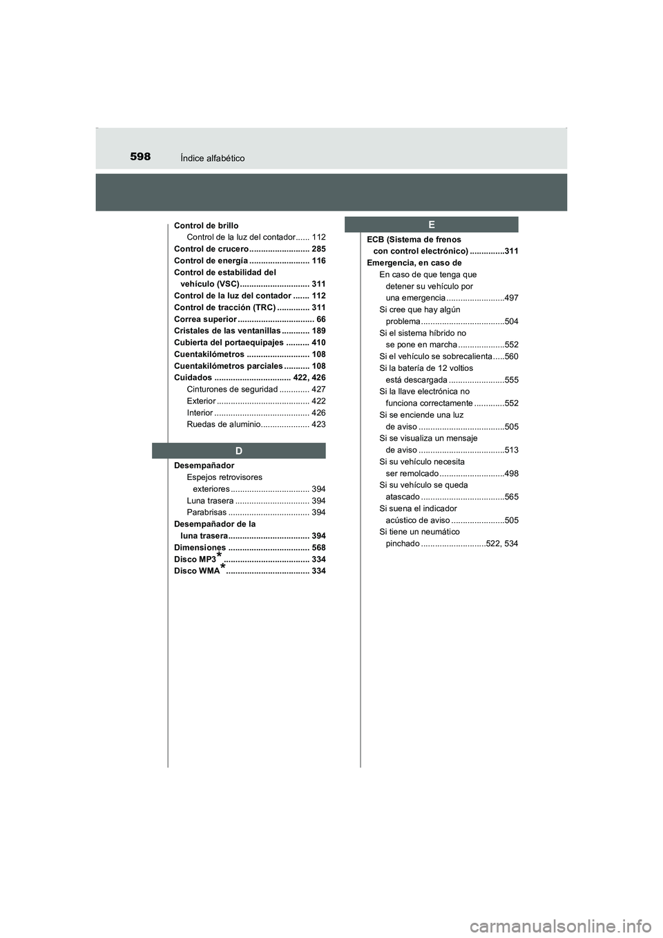 TOYOTA AURIS HYBRID 2016 Manual del propietario (in Spanish) 598Índice alfabético
UK_AURIS_HV_HB_ES (OM12K50S)
Control de brillo
Control de la luz del contador...... 112
Control de crucero .......................... 285
Control de energía ................... TOYOTA AURIS HYBRID 2016 Manual del propietario (in Spanish) 598Índice alfabético
UK_AURIS_HV_HB_ES (OM12K50S)
Control de brillo
Control de la luz del contador...... 112
Control de crucero .......................... 285
Control de energía ...................