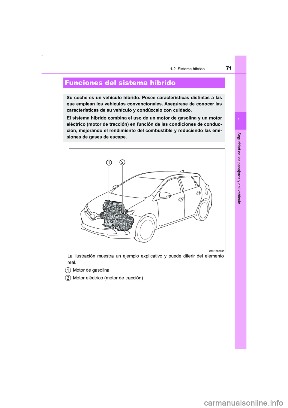 TOYOTA AURIS HYBRID 2016  Manual del propietario (in Spanish) 71
1
Seguridad de los pasajeros y del vehículo
UK_AURIS_HV_HB_ES (OM12K50S)
1-2. Sistema híbrido
La ilustración muestra un ejemplo explicativo y puede diferir del elemento
real.
Motor de gasolina
M
