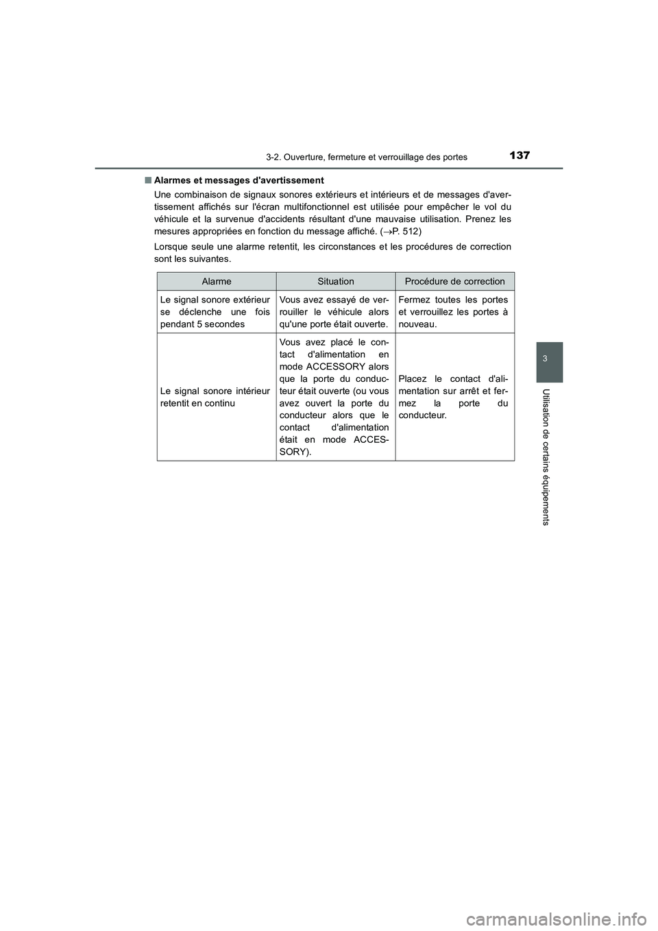 TOYOTA AURIS HYBRID 2016 Manuel du propriétaire (in French) 1373-2. Ouverture, fermeture et verrouillage des portes
3
Utilisation de certains équipements
UK_AURIS_HV_HB_EK (OM12K48K)■Alarmes et messages davertissement
Une combinaison de signaux sonores ext TOYOTA AURIS HYBRID 2016 Manuel du propriétaire (in French) 1373-2. Ouverture, fermeture et verrouillage des portes
3
Utilisation de certains équipements
UK_AURIS_HV_HB_EK (OM12K48K)■Alarmes et messages davertissement
Une combinaison de signaux sonores ext