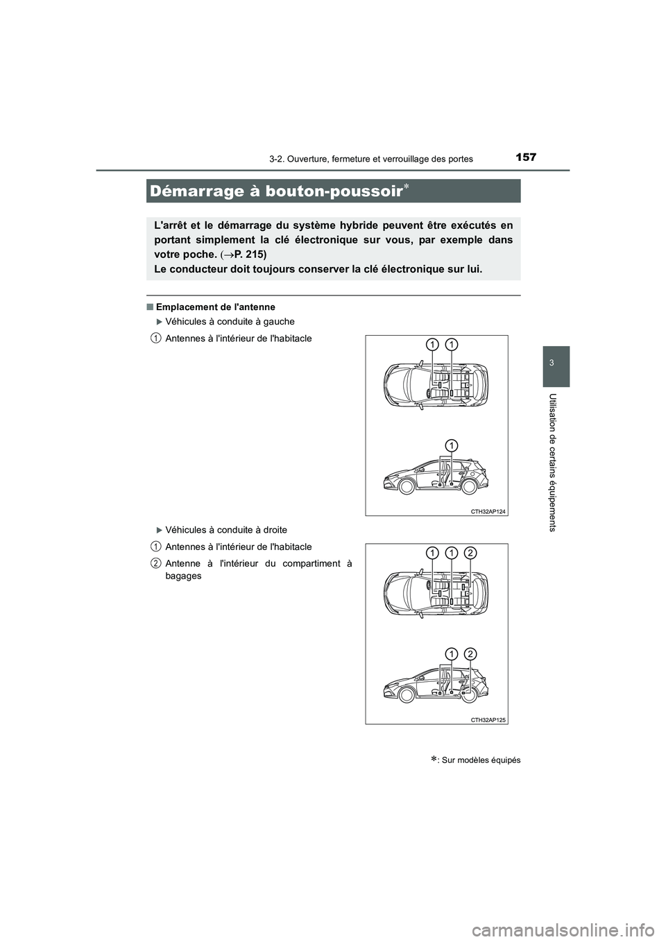 TOYOTA AURIS HYBRID 2016  Manuel du propriétaire (in French) 1573-2. Ouverture, fermeture et verrouillage des portes
3
Utilisation de certains équipements
UK_AURIS_HV_HB_EK (OM12K48K)
■Emplacement de lantenne
�XVéhicules à conduite à gauche
�XVéhicules 