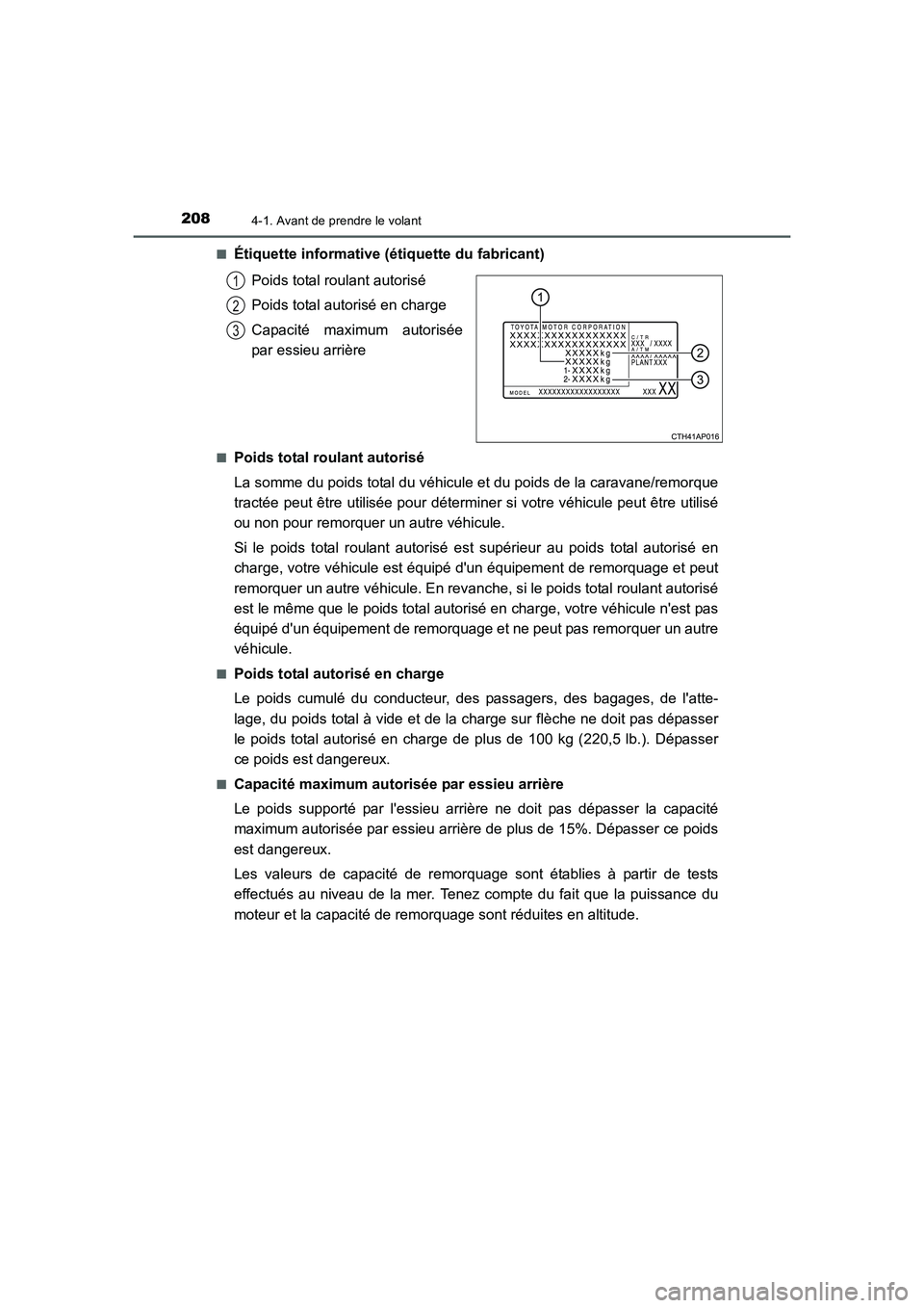TOYOTA AURIS HYBRID 2016 Manuel du propriétaire (in French) 2084-1. Avant de prendre le volant
UK_AURIS_HV_HB_EK (OM12K48K)■
Étiquette informative (étiquette du fabricant)
Poids total roulant autorisé
Poids total autorisé en charge
Capacité maximum auto TOYOTA AURIS HYBRID 2016 Manuel du propriétaire (in French) 2084-1. Avant de prendre le volant
UK_AURIS_HV_HB_EK (OM12K48K)■
Étiquette informative (étiquette du fabricant)
Poids total roulant autorisé
Poids total autorisé en charge
Capacité maximum auto