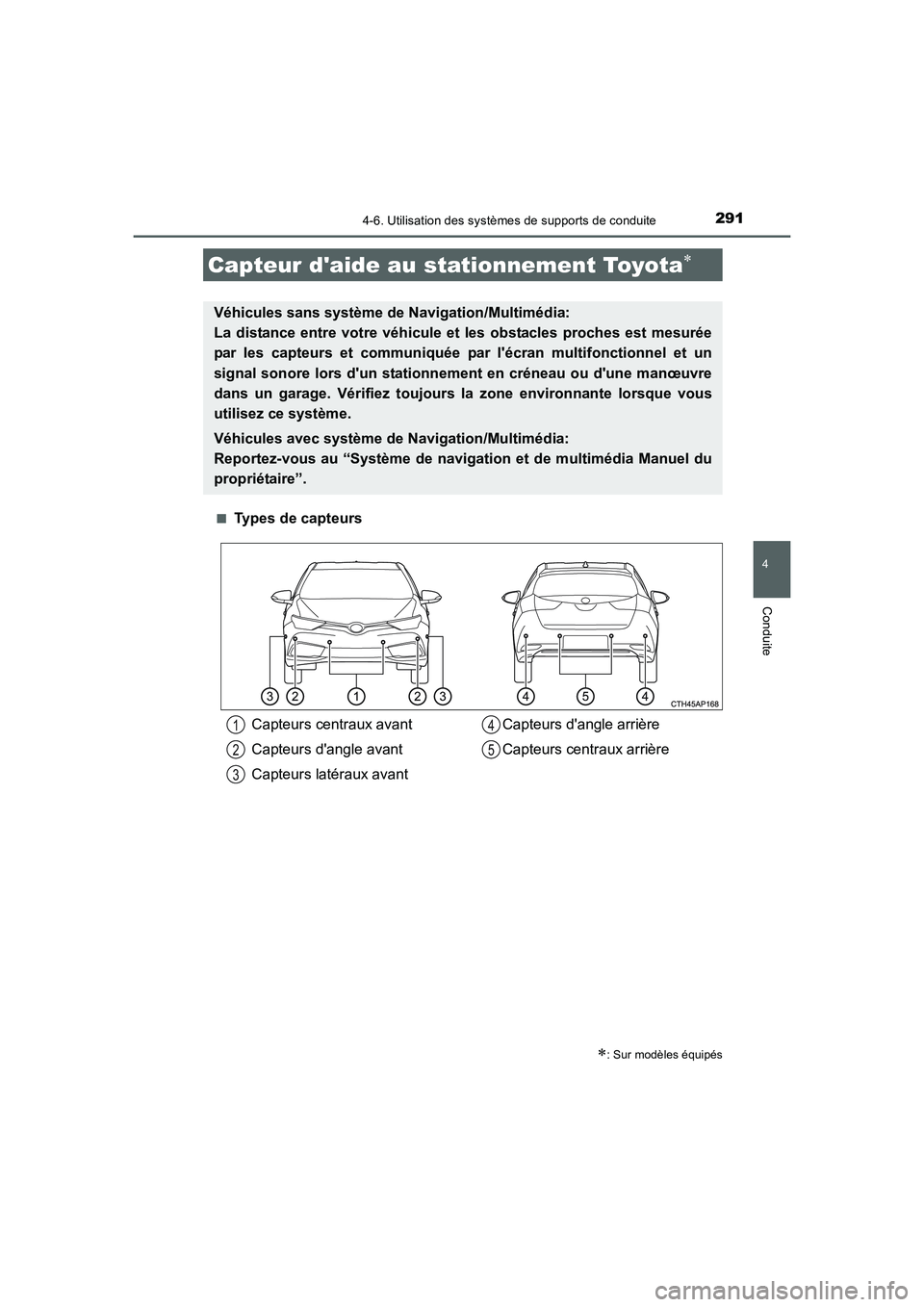 TOYOTA AURIS HYBRID 2016  Manuel du propriétaire (in French) 2914-6. Utilisation des systèmes de supports de conduite
4
Conduite
UK_AURIS_HV_HB_EK (OM12K48K)■
Types de capteurs
Capteur daide au stationnement Toyota∗
∗: Sur modèles équipés
Véhicules 