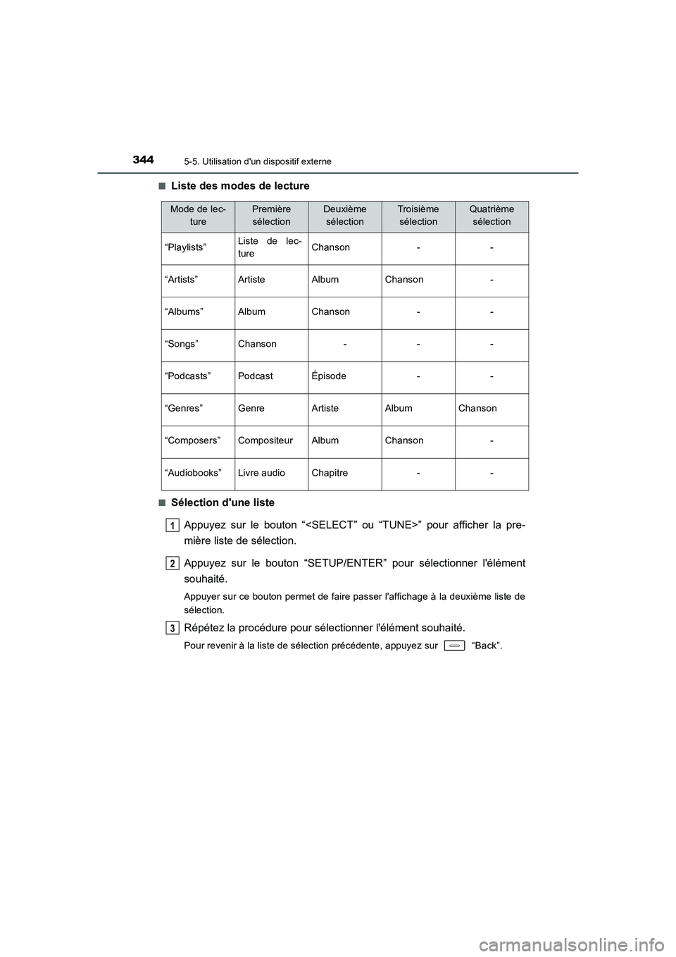 TOYOTA AURIS HYBRID 2016  Manuel du propriétaire (in French) 3445-5. Utilisation dun dispositif externe
UK_AURIS_HV_HB_EK (OM12K48K)■
Liste des modes de lecture
■Sélection dune liste
Appuyez sur le bouton “<SELECT” ou “TUNE>” pour afficher la pre