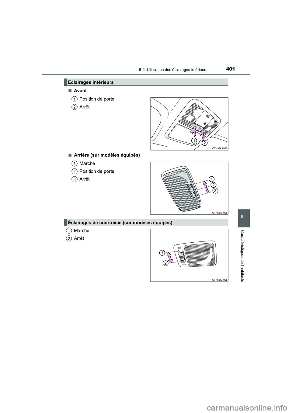 TOYOTA AURIS HYBRID 2016 Manuel du propriétaire (in French) 4016-2. Utilisation des éclairages intérieurs
6
Caractéristiques de l’habitacle
UK_AURIS_HV_HB_EK (OM12K48K)■
Avant
Position de porte
Arrêt
■Arrière (sur modèles équipés)
Marche
Position TOYOTA AURIS HYBRID 2016 Manuel du propriétaire (in French) 4016-2. Utilisation des éclairages intérieurs
6
Caractéristiques de l’habitacle
UK_AURIS_HV_HB_EK (OM12K48K)■
Avant
Position de porte
Arrêt
■Arrière (sur modèles équipés)
Marche
Position