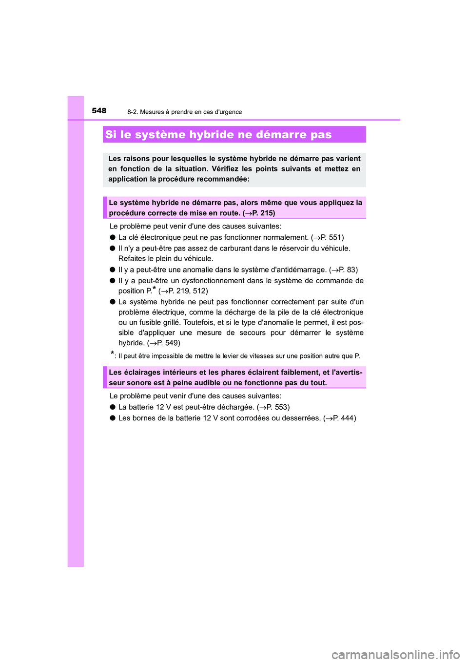 TOYOTA AURIS HYBRID 2016 Manuel du propriétaire (in French) 5488-2. Mesures à prendre en cas durgence
UK_AURIS_HV_HB_EK (OM12K48K)
Le problème peut venir dune des causes suivantes:
●La clé électronique peut ne pas fonctionner normalement. (→P. 551)
TOYOTA AURIS HYBRID 2016 Manuel du propriétaire (in French) 5488-2. Mesures à prendre en cas durgence
UK_AURIS_HV_HB_EK (OM12K48K)
Le problème peut venir dune des causes suivantes:
●La clé électronique peut ne pas fonctionner normalement. (→P. 551)