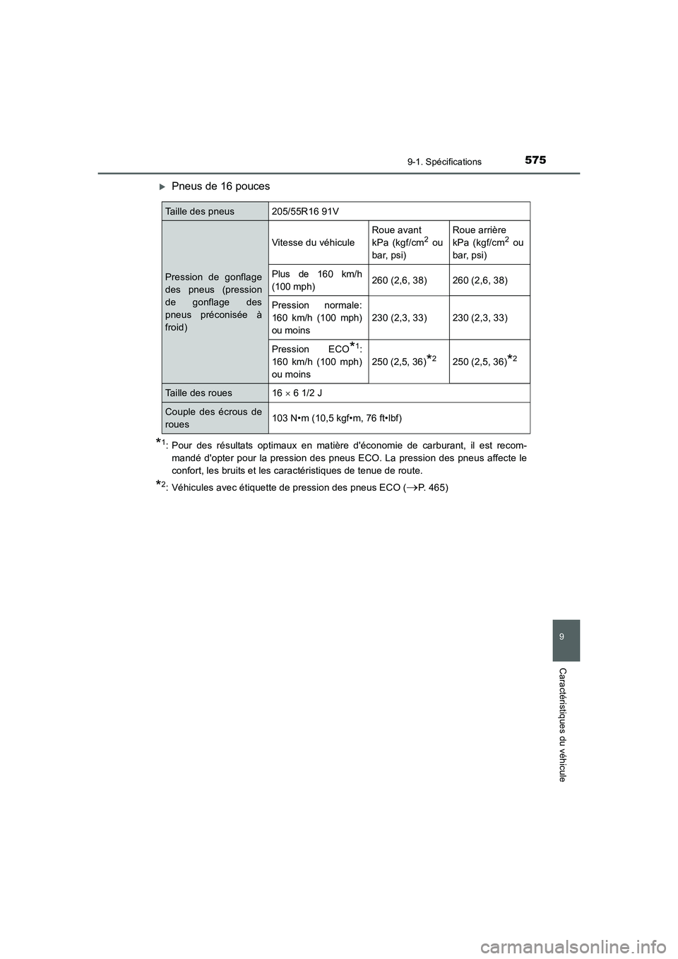 TOYOTA AURIS HYBRID 2016  Manuel du propriétaire (in French) 575
9
9-1. Spécifications
Caractéristiques du véhicule
UK_AURIS_HV_HB_EK (OM12K48K)
�XPneus de 16 pouces
*1: Pour des résultats optimaux en matière déconomie de carburant, il est recom-
mandé 