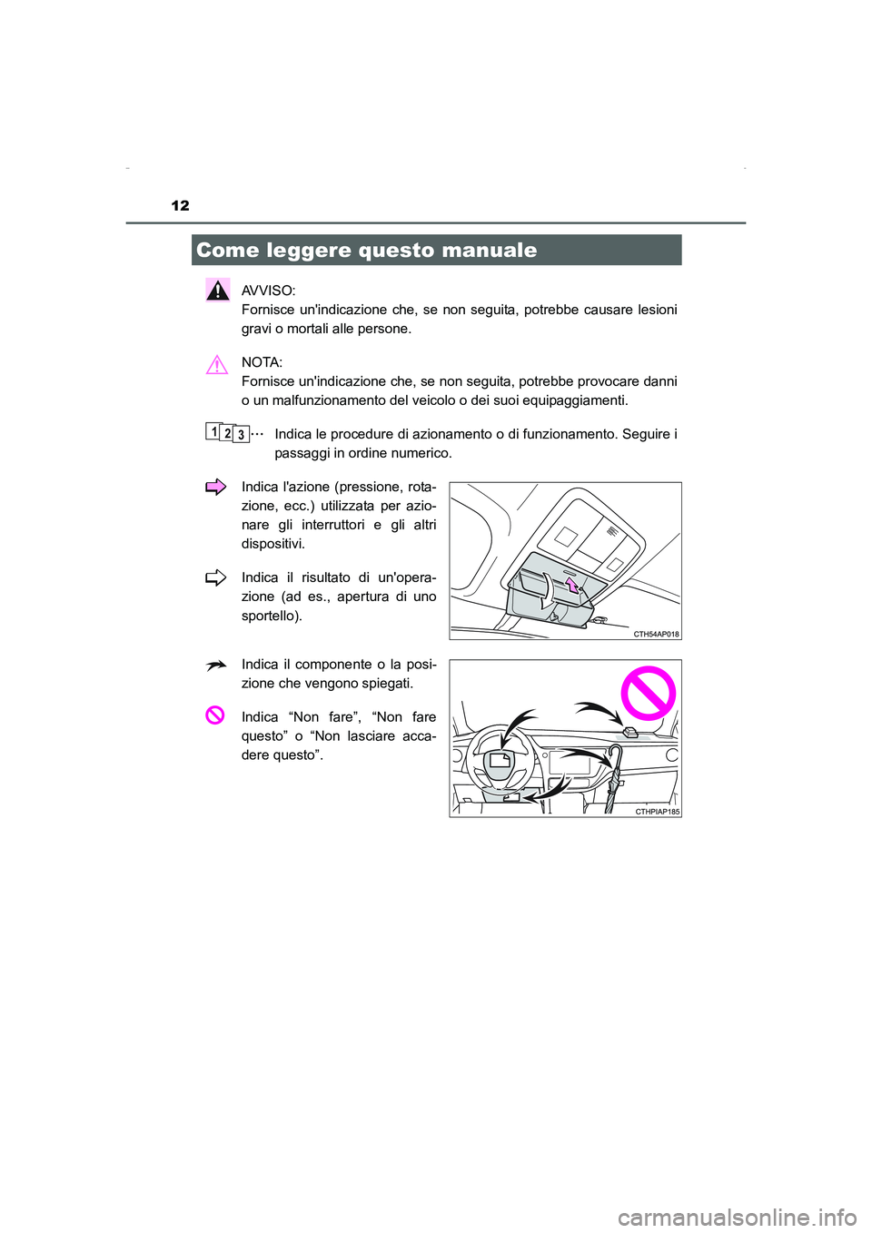 TOYOTA AURIS HYBRID 2016 Manuale duso (in Italian) 12
UK_AURIS_HV_HB_EL (OM12K51L)
AVVISO:
Fornisce unindicazione che, se non seguita, potrebbe causare lesioni
gravi o mortali alle persone.
NOTA:
Fornisce unindicazione che, se non seguita, potrebb TOYOTA AURIS HYBRID 2016 Manuale duso (in Italian) 12
UK_AURIS_HV_HB_EL (OM12K51L)
AVVISO:
Fornisce unindicazione che, se non seguita, potrebbe causare lesioni
gravi o mortali alle persone.
NOTA:
Fornisce unindicazione che, se non seguita, potrebb