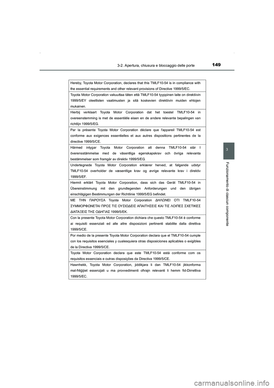 TOYOTA AURIS HYBRID 2016  Manuale duso (in Italian) 1493-2. Apertura, chiusura e bloccaggio delle porte
3
Funzionamento di ciascun componente
UK_AURIS_HV_HB_EL (OM12K51L)
Hereby, Toyota Motor Corporation, declares that this TMLF10-54 is in compliance w