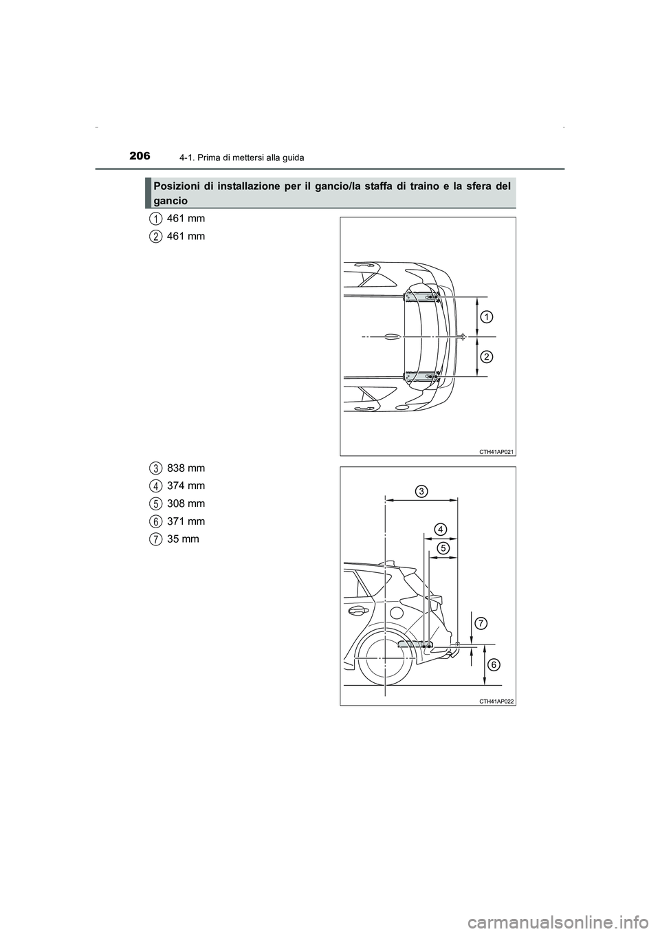 TOYOTA AURIS HYBRID 2016  Manuale duso (in Italian) 2064-1. Prima di mettersi alla guida
UK_AURIS_HV_HB_EL (OM12K51L)
461 mm
461 mm
838 mm
374 mm
308 mm
371 mm
35 mm
Posizioni di installazione per il gancio/la staffa di traino e la sfera del
gancio
1
2