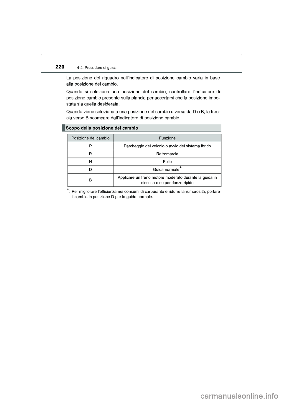 TOYOTA AURIS HYBRID 2016  Manuale duso (in Italian) 2204-2. Procedure di guida
UK_AURIS_HV_HB_EL (OM12K51L)
La posizione del riquadro nellindicatore di posizione cambio varia in base
alla posizione del cambio.
Quando si seleziona una posizione del cam
