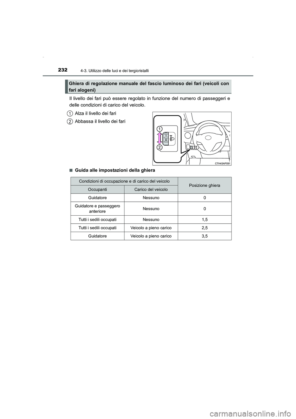 TOYOTA AURIS HYBRID 2016  Manuale duso (in Italian) 2324-3. Utilizzo delle luci e dei tergicristalli
UK_AURIS_HV_HB_EL (OM12K51L)
Il livello dei fari può essere regolato in funzione del numero di passeggeri e
delle condizioni di carico del veicolo.
Al