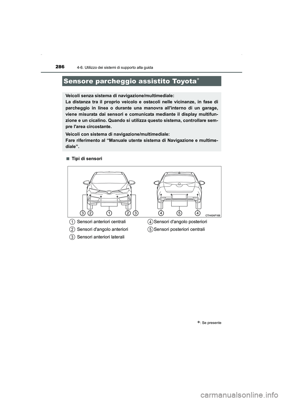 TOYOTA AURIS HYBRID 2016  Manuale duso (in Italian) 2864-6. Utilizzo dei sistemi di supporto alla guida
UK_AURIS_HV_HB_EL (OM12K51L)■
Tipi di sensori
Sensore parcheggio assistito Toyota∗
∗: Se presente
Veicoli senza sistema di navigazione/multime