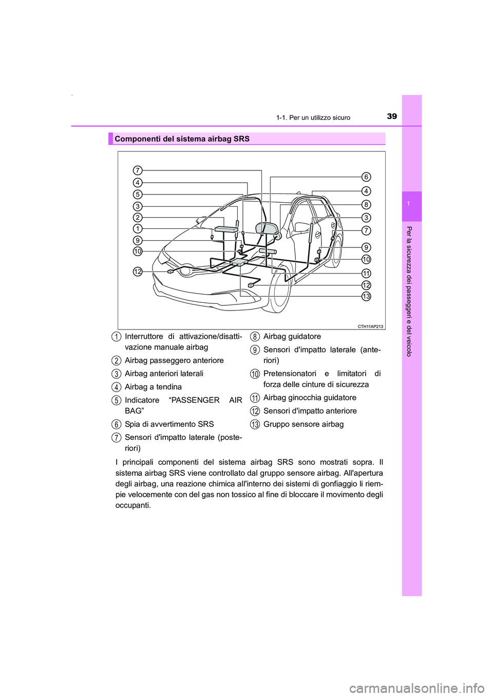 TOYOTA AURIS HYBRID 2016 Manuale duso (in Italian) 391-1. Per un utilizzo sicuro
1
Per la sicurezza dei passeggeri e del veicolo
UK_AURIS_HV_HB_EL (OM12K51L)
I principali componenti del sistema airbag SRS sono mostrati sopra. Il
sistema airbag SRS vie TOYOTA AURIS HYBRID 2016 Manuale duso (in Italian) 391-1. Per un utilizzo sicuro
1
Per la sicurezza dei passeggeri e del veicolo
UK_AURIS_HV_HB_EL (OM12K51L)
I principali componenti del sistema airbag SRS sono mostrati sopra. Il
sistema airbag SRS vie