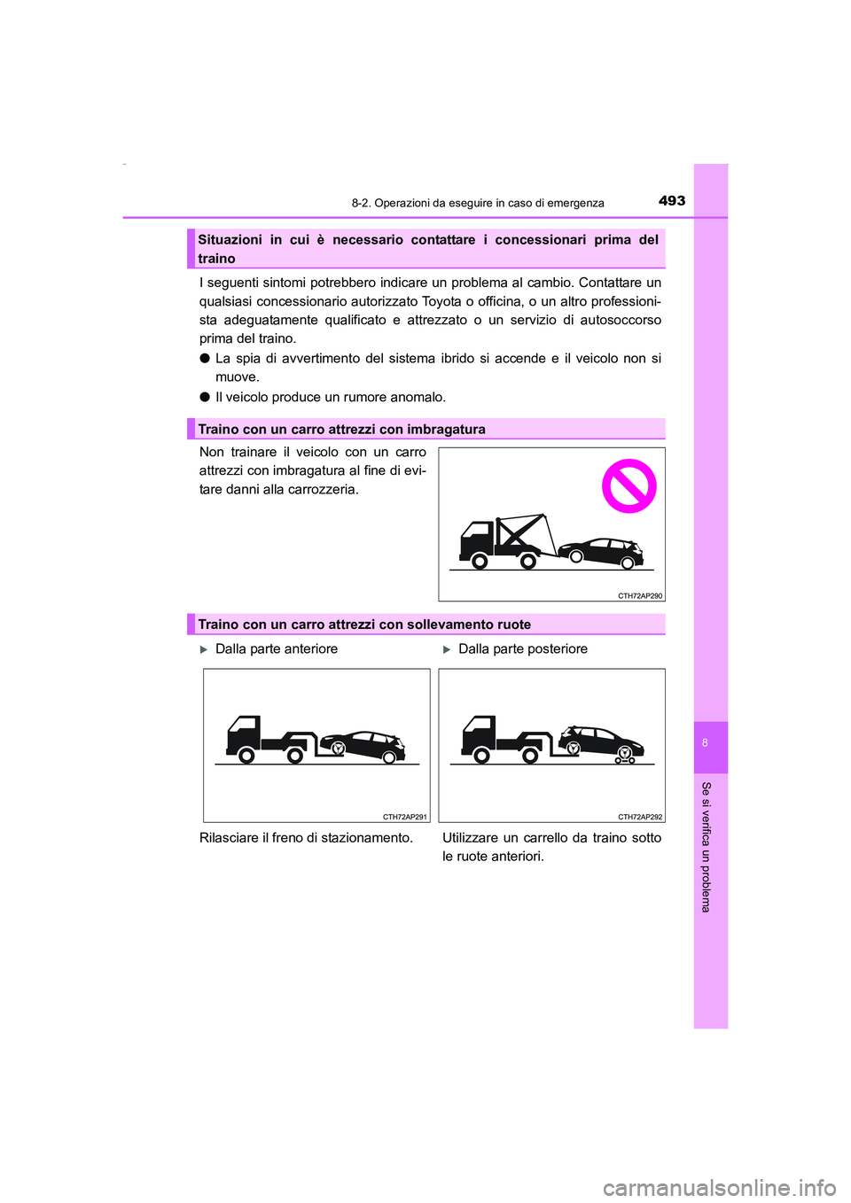 TOYOTA AURIS HYBRID 2016  Manuale duso (in Italian) 4938-2. Operazioni da eseguire in caso di emergenza
8
Se si verifica un problema
UK_AURIS_HV_HB_EL (OM12K51L)
I seguenti sintomi potrebbero indicare un problema al cambio. Contattare un
qualsiasi conc