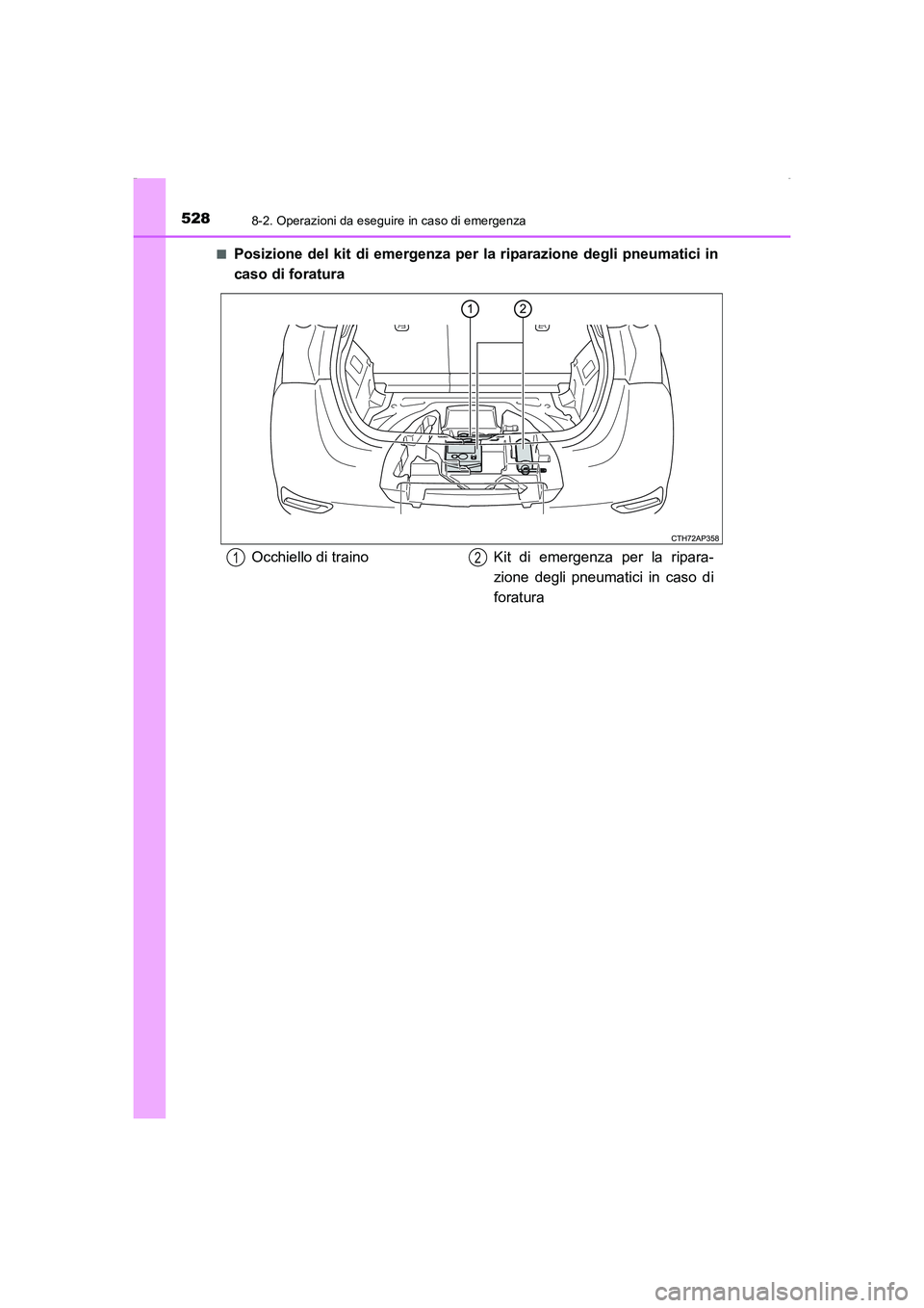 TOYOTA AURIS HYBRID 2016 Manuale duso (in Italian) 5288-2. Operazioni da eseguire in caso di emergenza
UK_AURIS_HV_HB_EL (OM12K51L)■
Posizione del kit di emergenza per la riparazione degli pneumatici in
caso di foratura
Occhiello di traino Kit di e TOYOTA AURIS HYBRID 2016 Manuale duso (in Italian) 5288-2. Operazioni da eseguire in caso di emergenza
UK_AURIS_HV_HB_EL (OM12K51L)■
Posizione del kit di emergenza per la riparazione degli pneumatici in
caso di foratura
Occhiello di traino Kit di e