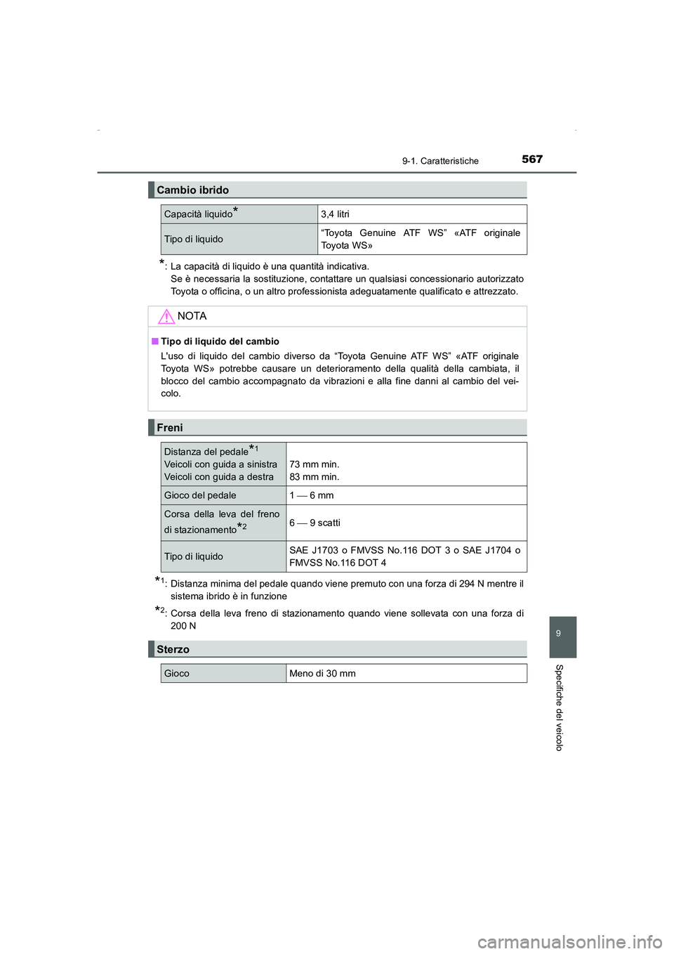 TOYOTA AURIS HYBRID 2016 Manuale duso (in Italian) 567
9
9-1. Caratteristiche
Specifiche del veicolo
UK_AURIS_HV_HB_EL (OM12K51L)
*: La capacità di liquido è una quantità indicativa.
Se è necessaria la sostituzione, contattare un qualsiasi concess TOYOTA AURIS HYBRID 2016 Manuale duso (in Italian) 567
9
9-1. Caratteristiche
Specifiche del veicolo
UK_AURIS_HV_HB_EL (OM12K51L)
*: La capacità di liquido è una quantità indicativa.
Se è necessaria la sostituzione, contattare un qualsiasi concess