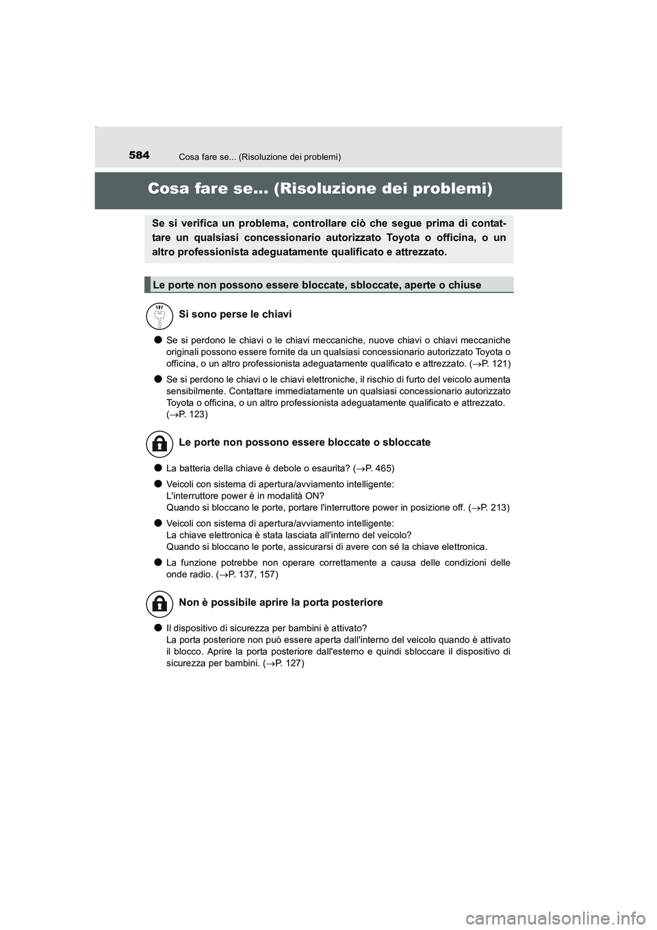 TOYOTA AURIS HYBRID 2016 Manuale duso (in Italian) 584
UK_AURIS_HV_HB_EL (OM12K51L)
Cosa fare se... (Risoluzione dei problemi)
Cosa fare se... (Risoluzione dei problemi)
●Se si perdono le chiavi o le chiavi meccaniche, nuove chiavi o chiavi meccanic TOYOTA AURIS HYBRID 2016 Manuale duso (in Italian) 584
UK_AURIS_HV_HB_EL (OM12K51L)
Cosa fare se... (Risoluzione dei problemi)
Cosa fare se... (Risoluzione dei problemi)
●Se si perdono le chiavi o le chiavi meccaniche, nuove chiavi o chiavi meccanic