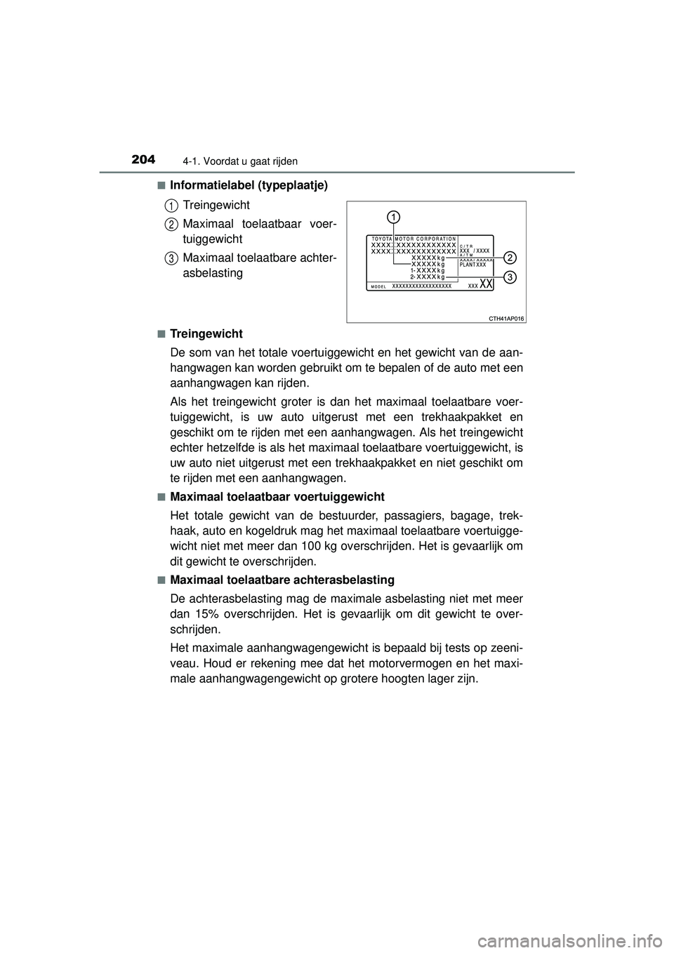 TOYOTA AURIS HYBRID 2016 Instructieboekje (in Dutch) 2044-1. Voordat u gaat rijden
UK AURIS_HV_HB_EE (OM12K47E)■
Informatielabel (typeplaatje)
Treingewicht
Maximaal toelaatbaar voer-
tuiggewicht
Maximaal toelaatbare achter-
asbelasting
■Treingewicht TOYOTA AURIS HYBRID 2016 Instructieboekje (in Dutch) 2044-1. Voordat u gaat rijden
UK AURIS_HV_HB_EE (OM12K47E)■
Informatielabel (typeplaatje)
Treingewicht
Maximaal toelaatbaar voer-
tuiggewicht
Maximaal toelaatbare achter-
asbelasting
■Treingewicht