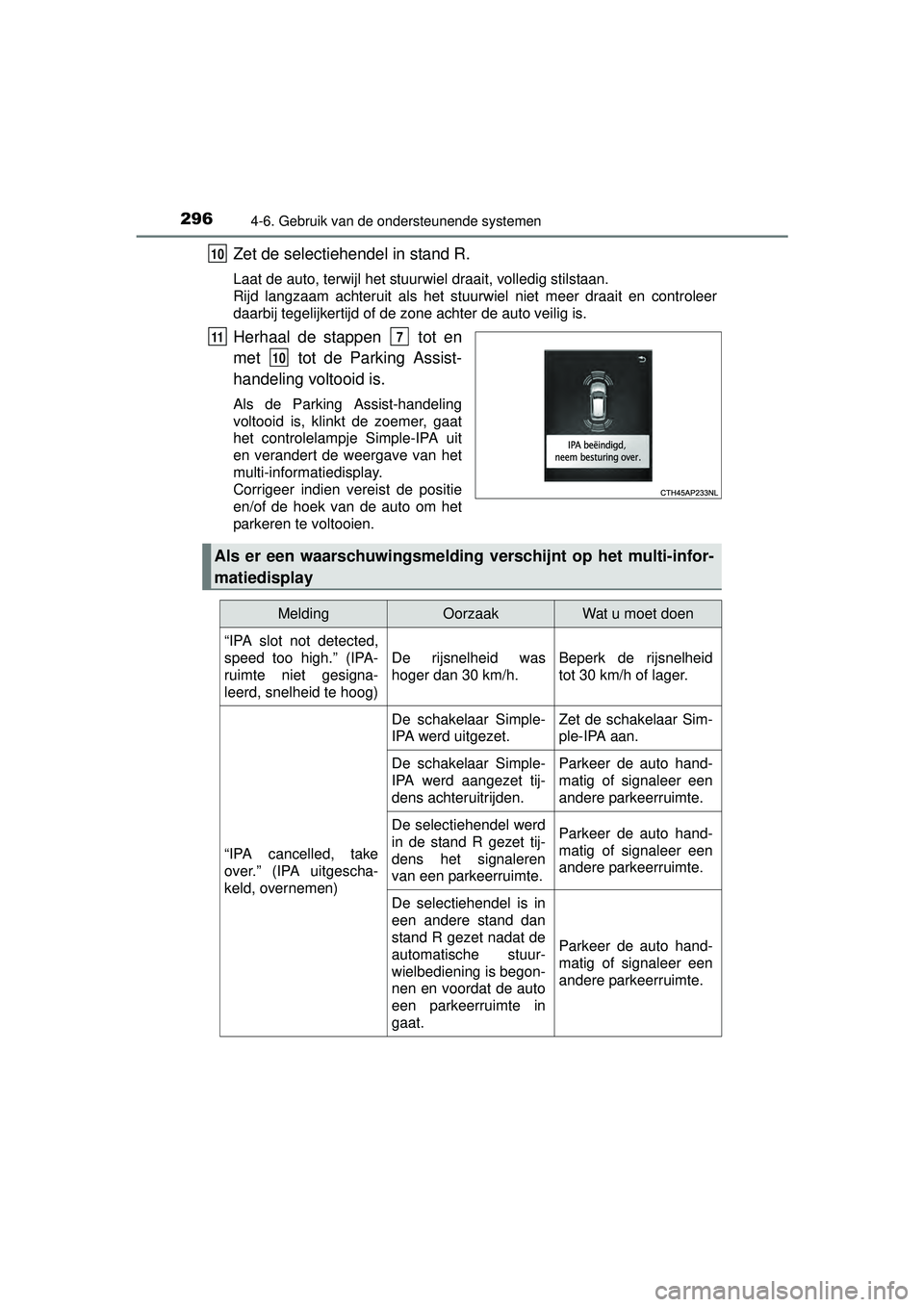 TOYOTA AURIS HYBRID 2016  Instructieboekje (in Dutch) 2964-6. Gebruik van de ondersteunende systemen
UK AURIS_HV_HB_EE (OM12K47E)
Zet de selectiehendel in stand R.
Laat de auto, terwijl het stuurwiel draait, volledig stilstaan. 
Rijd langzaam achteruit a