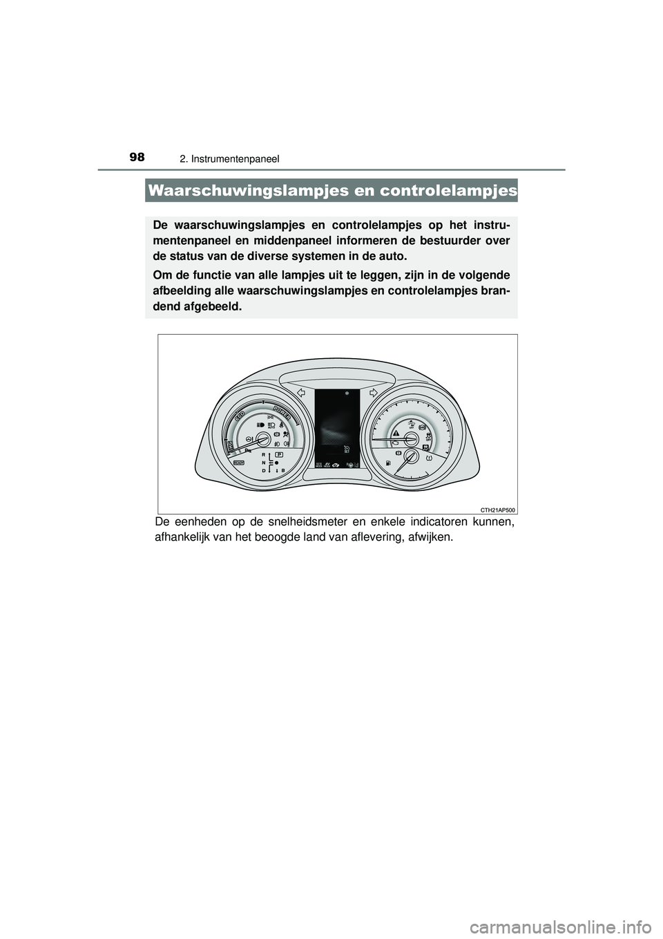 TOYOTA AURIS HYBRID 2016 Instructieboekje (in Dutch) 98
UK AURIS_HV_HB_EE (OM12K47E)
2. Instrumentenpaneel
De eenheden op de snelheidsmeter en enkele indicatoren kunnen,
afhankelijk van het beoogde land van aflevering, afwijken.
Waarschuwingslampjes en TOYOTA AURIS HYBRID 2016 Instructieboekje (in Dutch) 98
UK AURIS_HV_HB_EE (OM12K47E)
2. Instrumentenpaneel
De eenheden op de snelheidsmeter en enkele indicatoren kunnen,
afhankelijk van het beoogde land van aflevering, afwijken.
Waarschuwingslampjes en