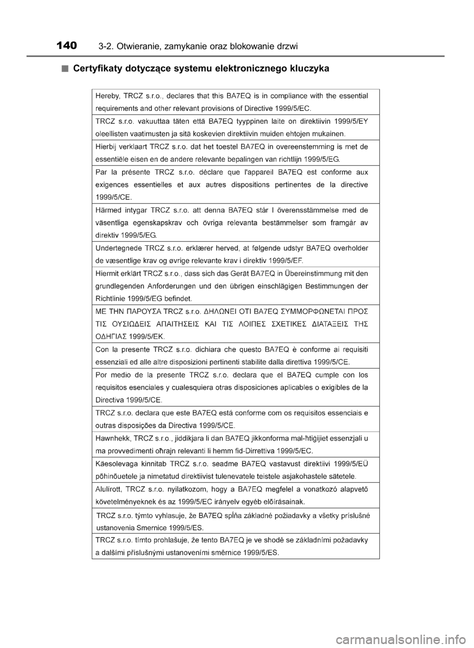 TOYOTA AURIS HYBRID 2016  Instrukcja obsługi (in Polish) Certyfikaty dotyczàce systemu elektronicznego kluczyka
1403-2. Otwieranie, zamykanie oraz blokowanie drzwi
13 AURIS HV OM12K47E  26/4/16  11:03  Page 140    (Black plate) 