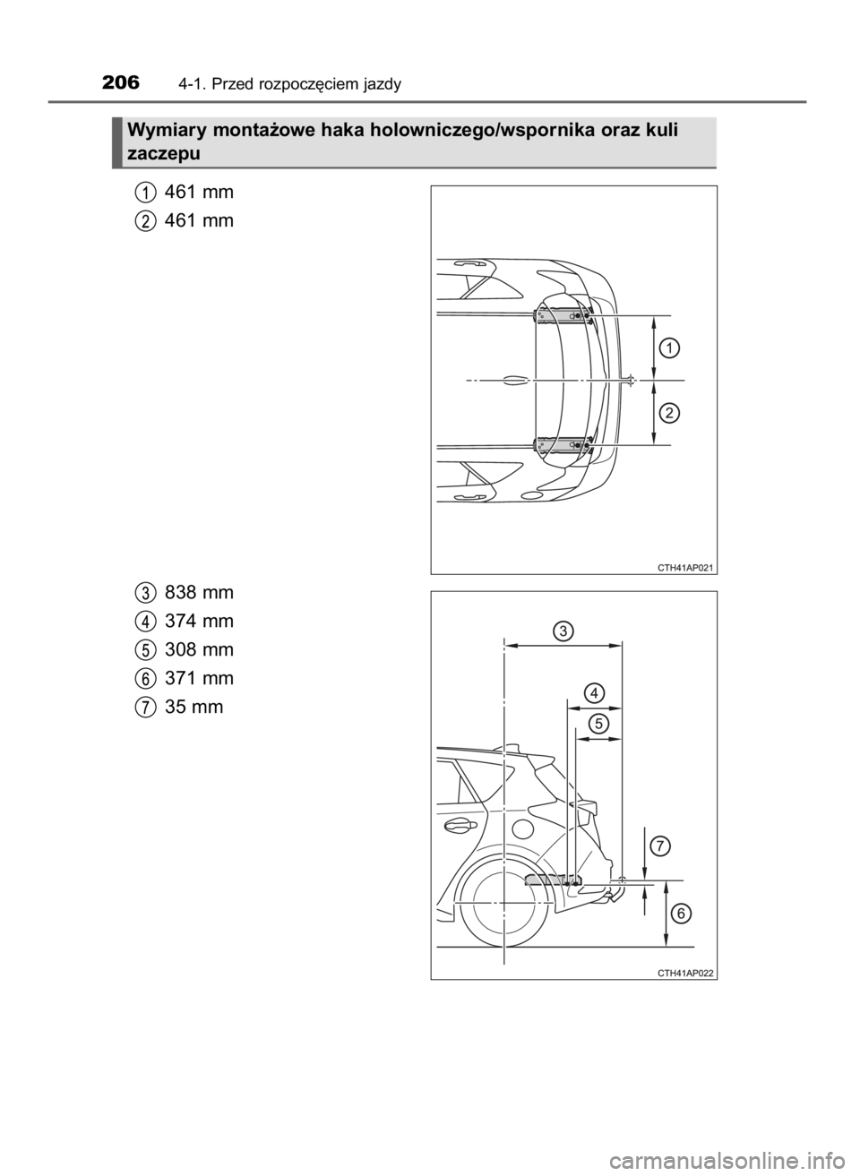 TOYOTA AURIS HYBRID 2016  Instrukcja obsługi (in Polish) 461 mm
461 mm
838 mm
374 mm
308 mm
371 mm
35 mm
2064-1. Przed rozpocz´ciem jazdy
Wymiary monta˝owe haka holowniczego/wspornika oraz kuli
zaczepu
13 AURIS HV OM12K47E  26/4/16  11:03  Page 206    (Bl